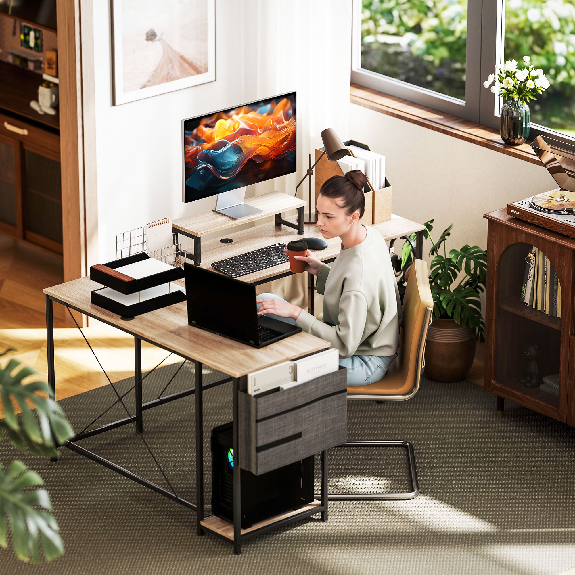 Reversible Modular Corner Desk, Industrial Style 168-240 cm - Adjustable Shelf, Storage Bag, Screen Stand, Computer Desk for 2 People, Natural Wood