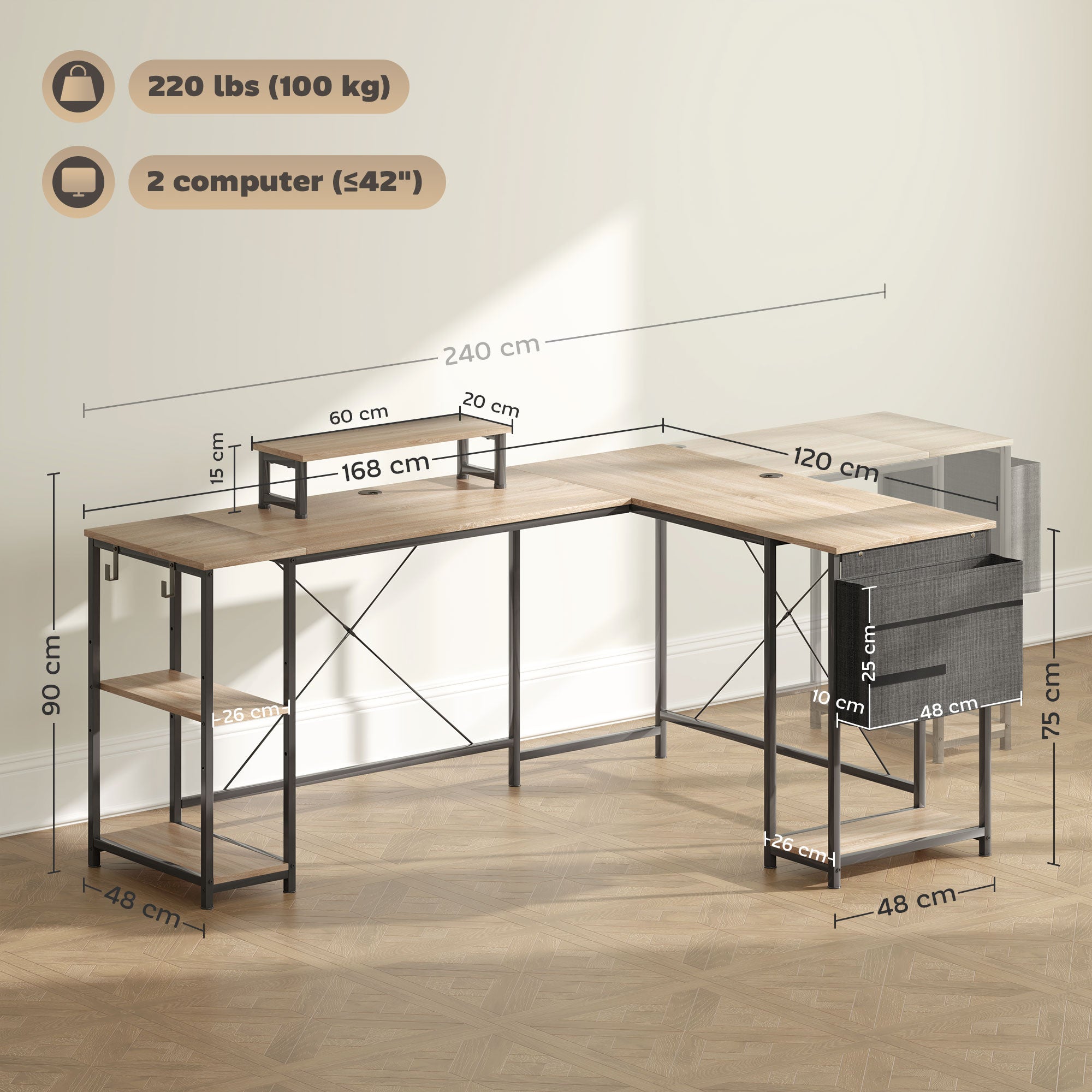 Reversible Modular Corner Desk, Industrial Style 168-240 cm - Adjustable Shelf, Storage Bag, Screen Stand, Computer Desk for 2 People, Natural Wood