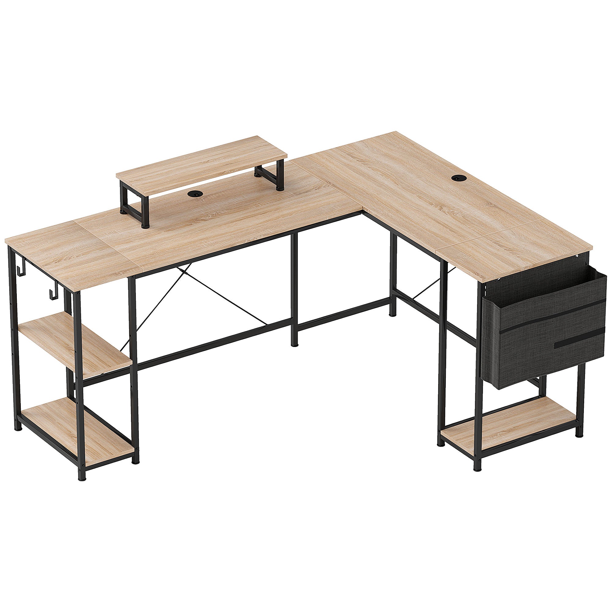 Reversible Modular Corner Desk, Industrial Style 168-240 cm - Adjustable Shelf, Storage Bag, Screen Stand, Computer Desk for 2 People, Natural Wood