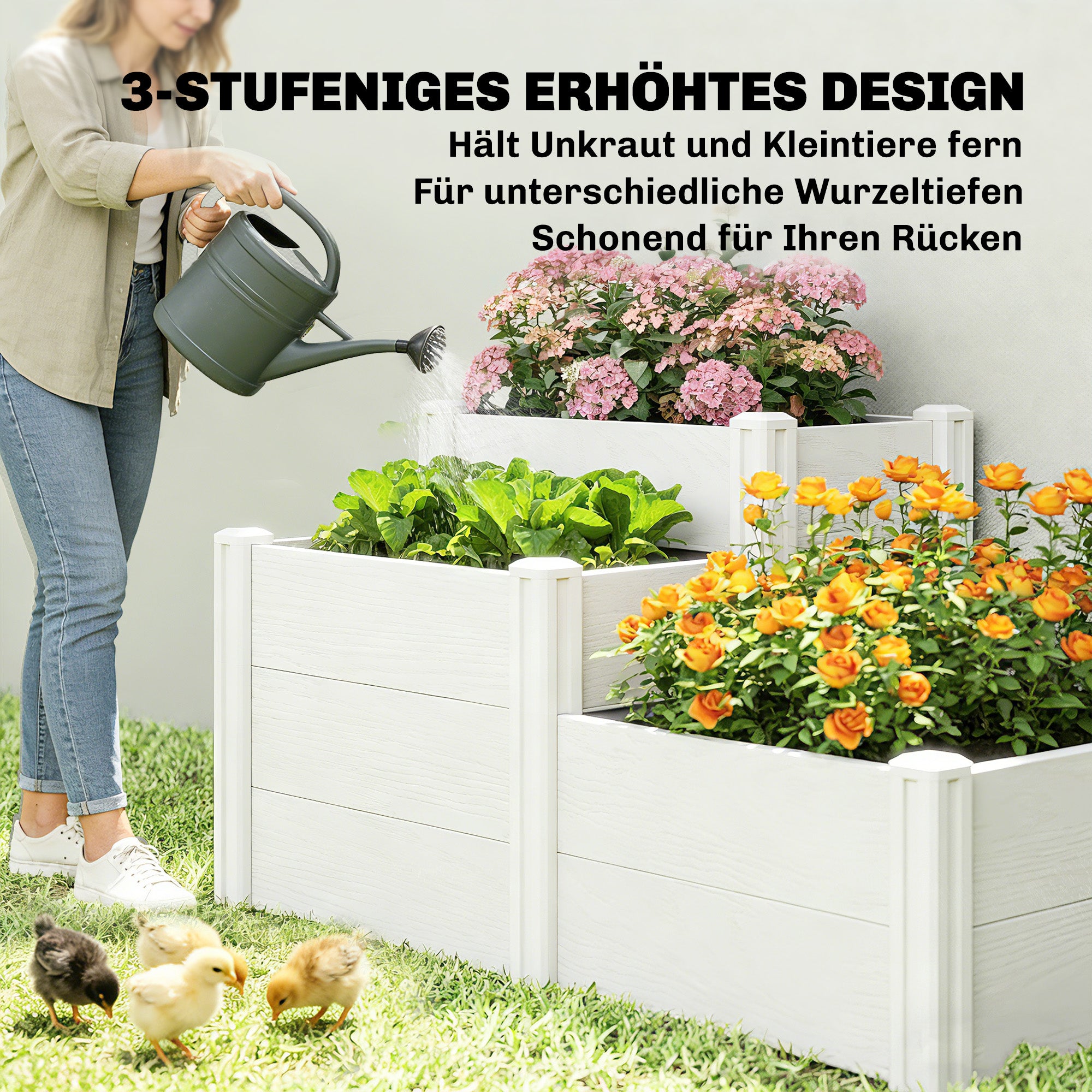 3-Tier Stackable Raised Garden Bed with Open Bottom – Modular Vinyl Planter Box for Garden & Balcony, 47.2 x 31.5 x 25.2 in, White