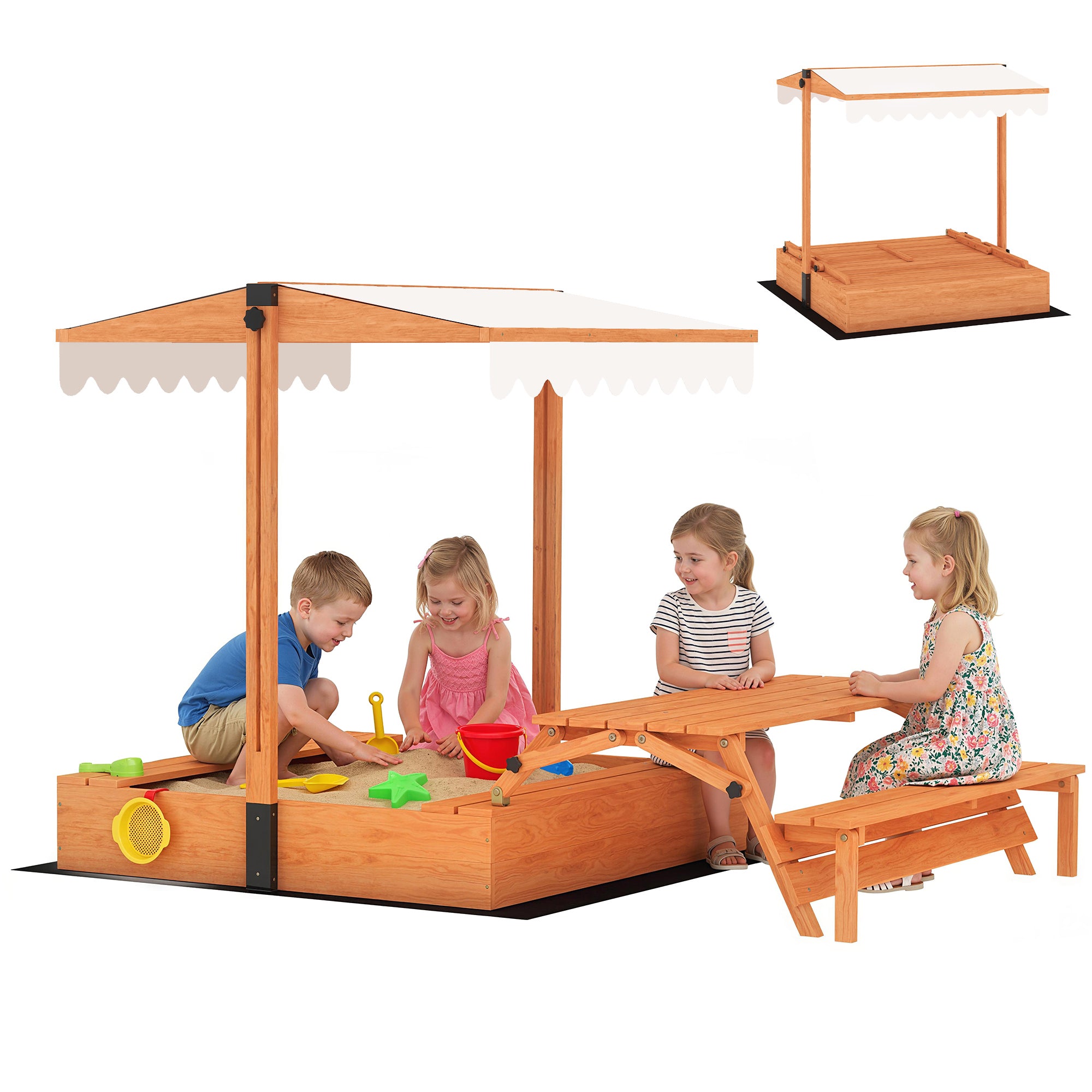 Wooden Kids Sandbox with Adjustable Canopy, Foldable Picnic Table & Benches, Cover, Seats 6 (Ages 3–8), for Yard & Garden, 72.4×43.3×47.2 in (184×110×120 cm), Brown