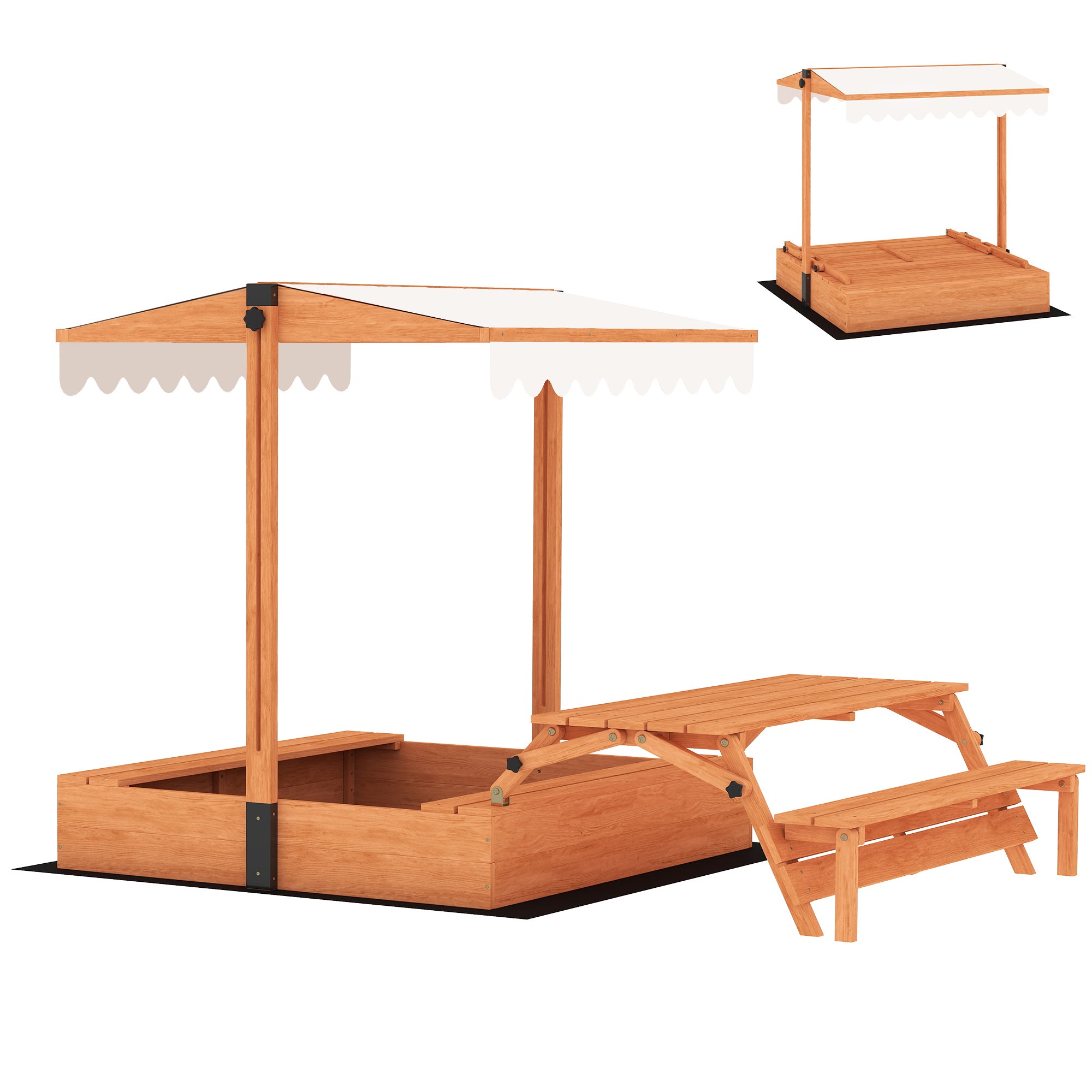 Wooden Kids Sandbox with Adjustable Canopy, Foldable Picnic Table & Benches, Cover, Seats 6 (Ages 3–8), for Yard & Garden, 72.4×43.3×47.2 in (184×110×120 cm), Brown