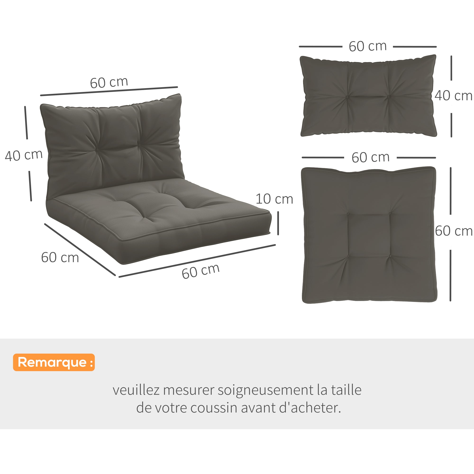 Set of 4 Garden Cushions with 2 Seat Cushions and 2 Back Cushions, Tufted Style, Polyester, Anthracite Gray
