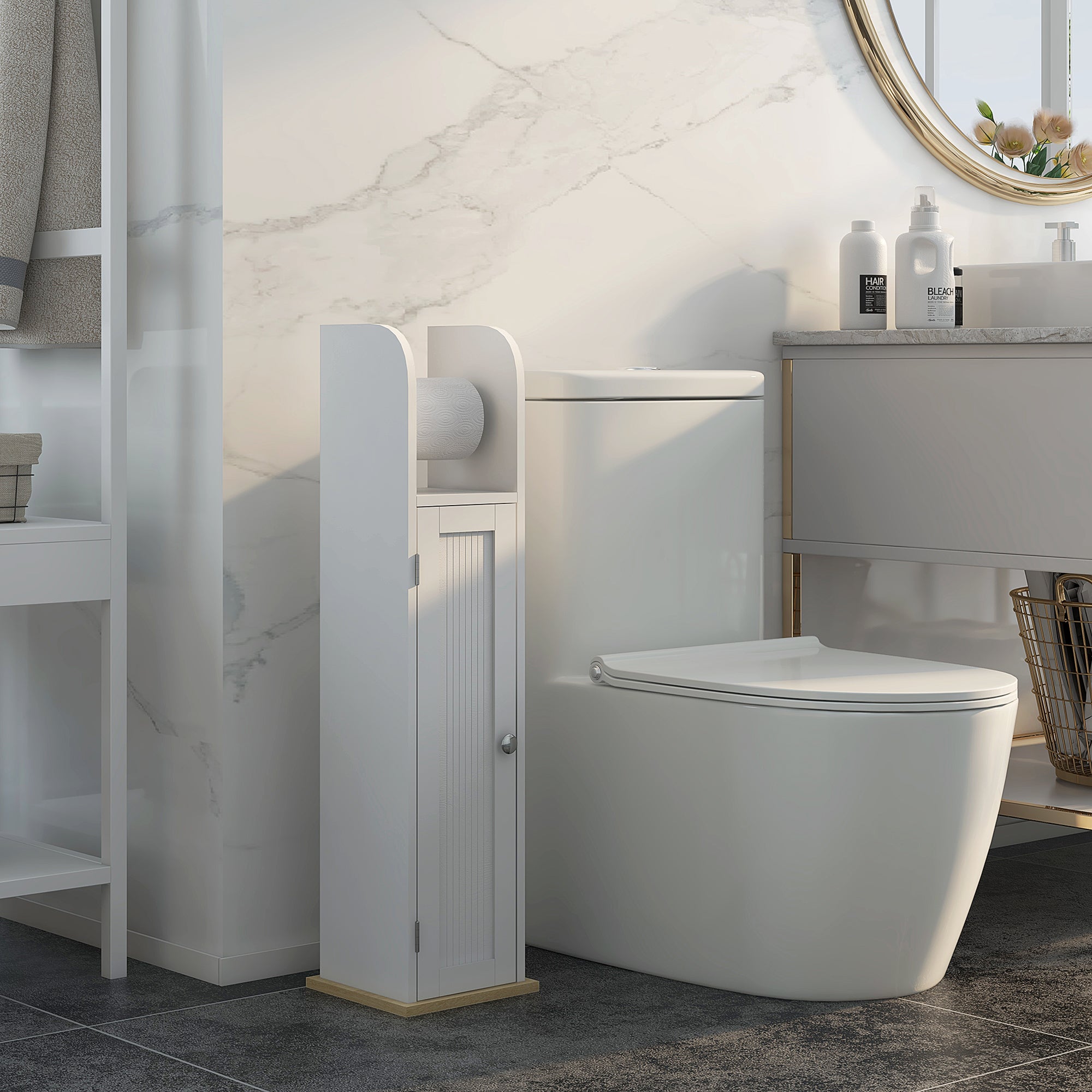 Bathroom Auxiliary Furniture Bathroom Column Bathroom Floor Cabinet with Adjustable Shelves and Toilet Paper Holder 20x20x80 cm White