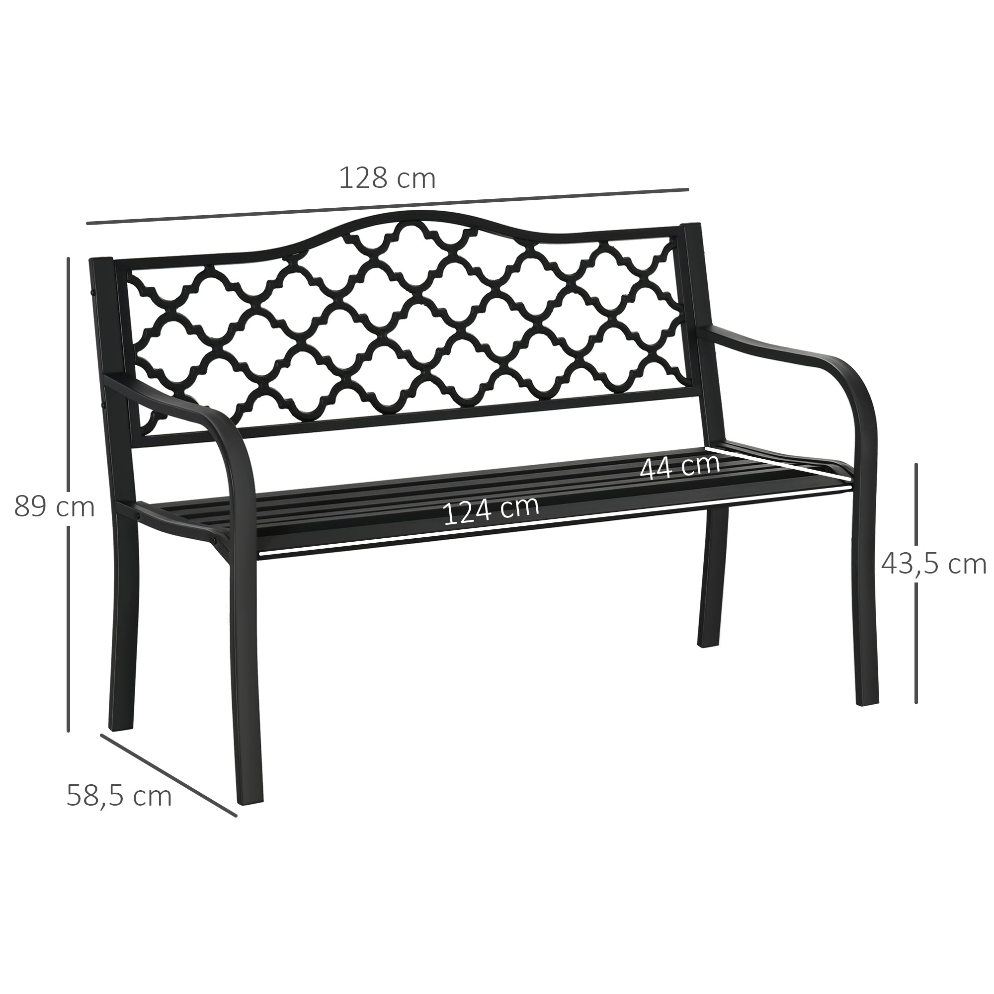 2-Seater Garden Bench Park Bench made of Metal Bench up to 240 kg Bench Terrace Bench with Backrest & Armrests Garden Furniture Cast Iron Black 128 x 58.5 x 89 cm