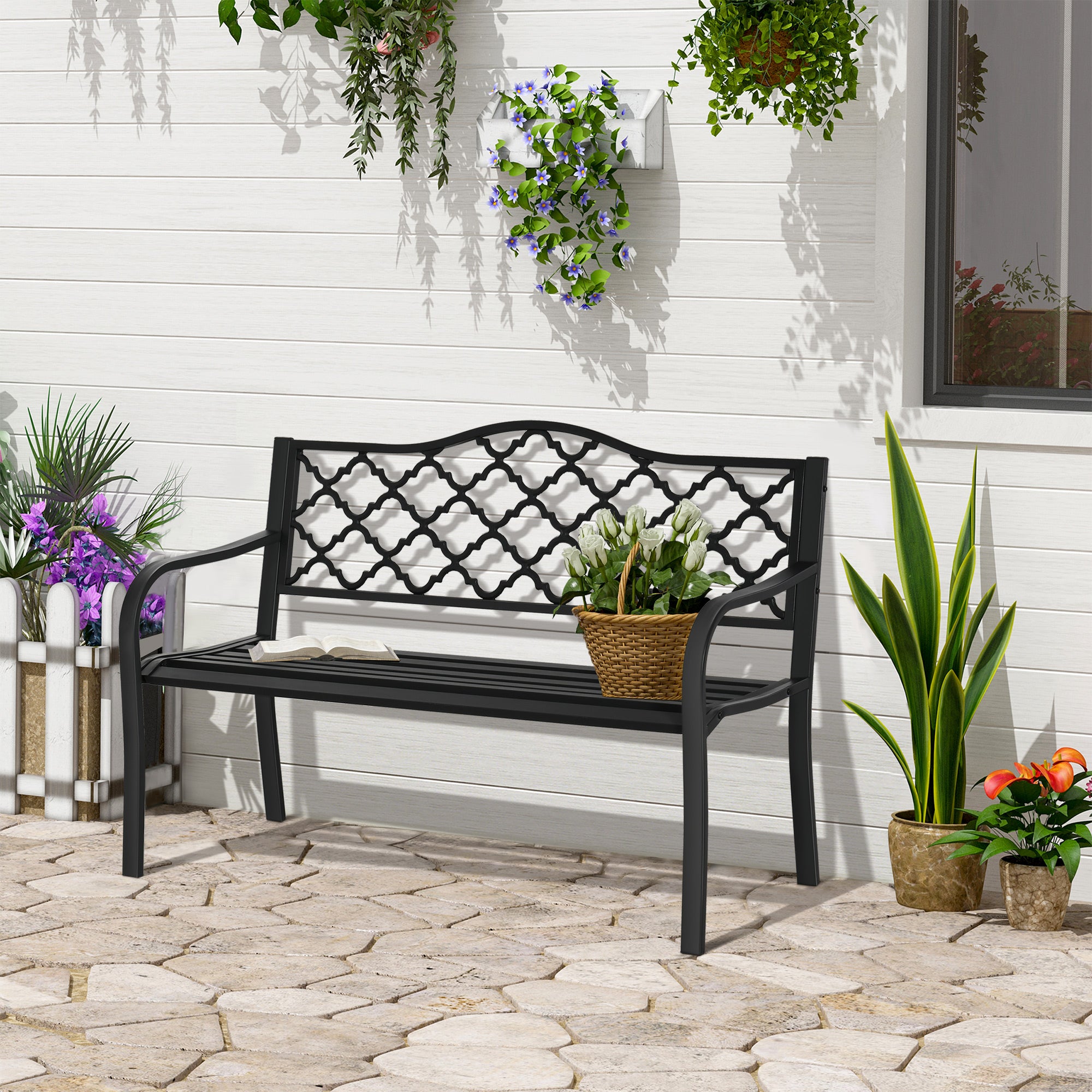 2-Seater Garden Bench Park Bench made of Metal Bench up to 240 kg Bench Terrace Bench with Backrest & Armrests Garden Furniture Cast Iron Black 128 x 58.5 x 89 cm