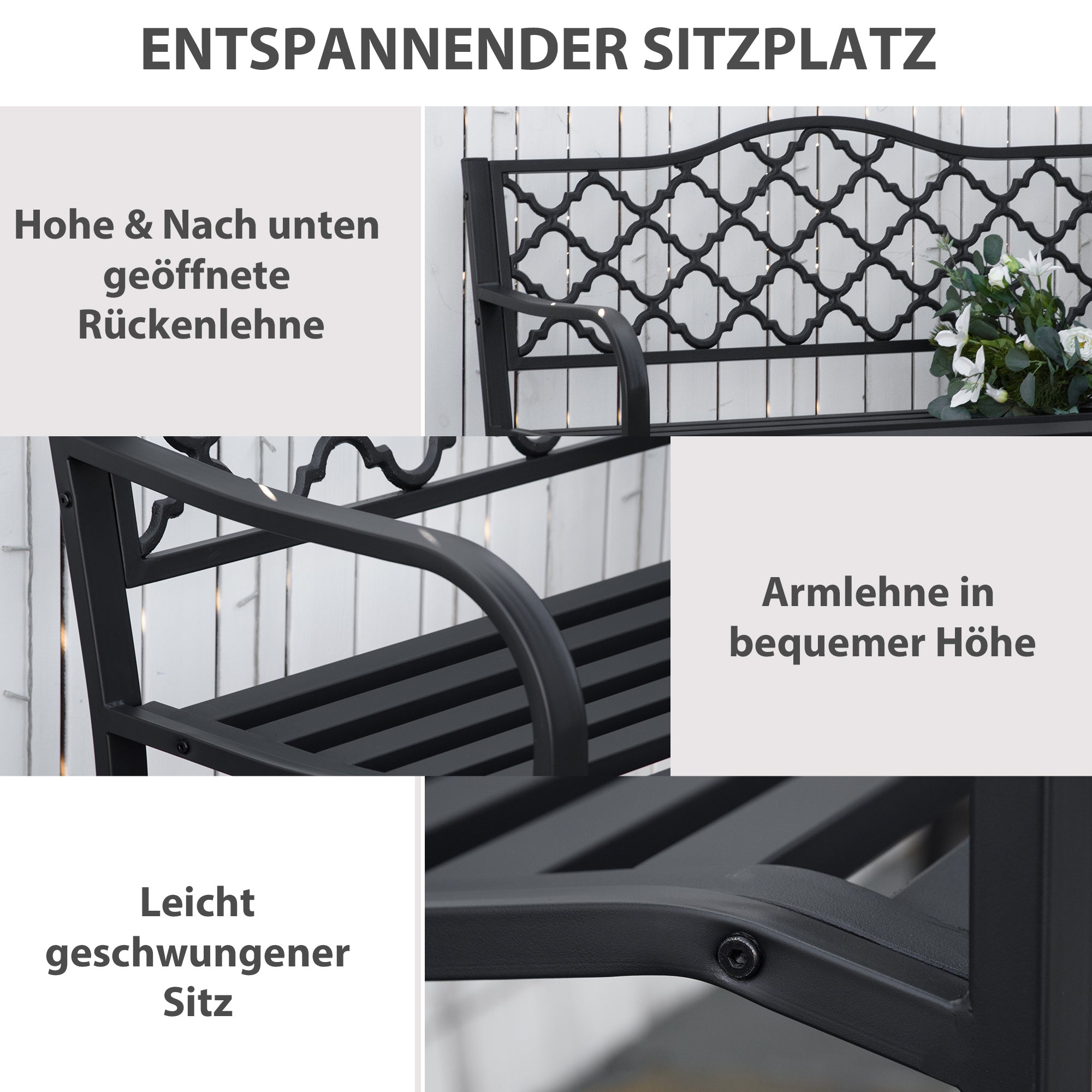 2-Seater Garden Bench Park Bench made of Metal Bench up to 240 kg Bench Terrace Bench with Backrest & Armrests Garden Furniture Cast Iron Black 128 x 58.5 x 89 cm