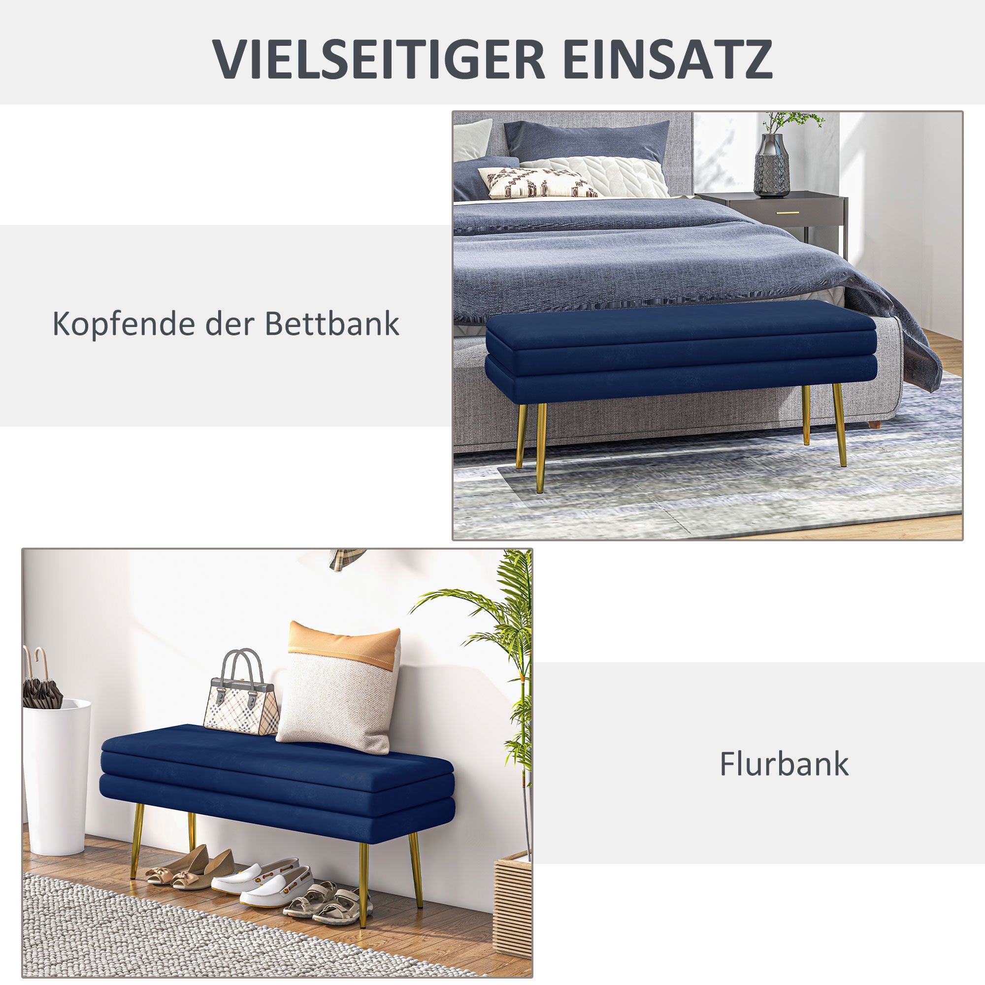 Storage Bench, Padded Bench with Storage Space, Velvet Look, Bed Bench with Steel Legs, Shoe Bench, Storage Bench for Living Room, Bedroom, Blue, 100 x 37.5 x 42 cm