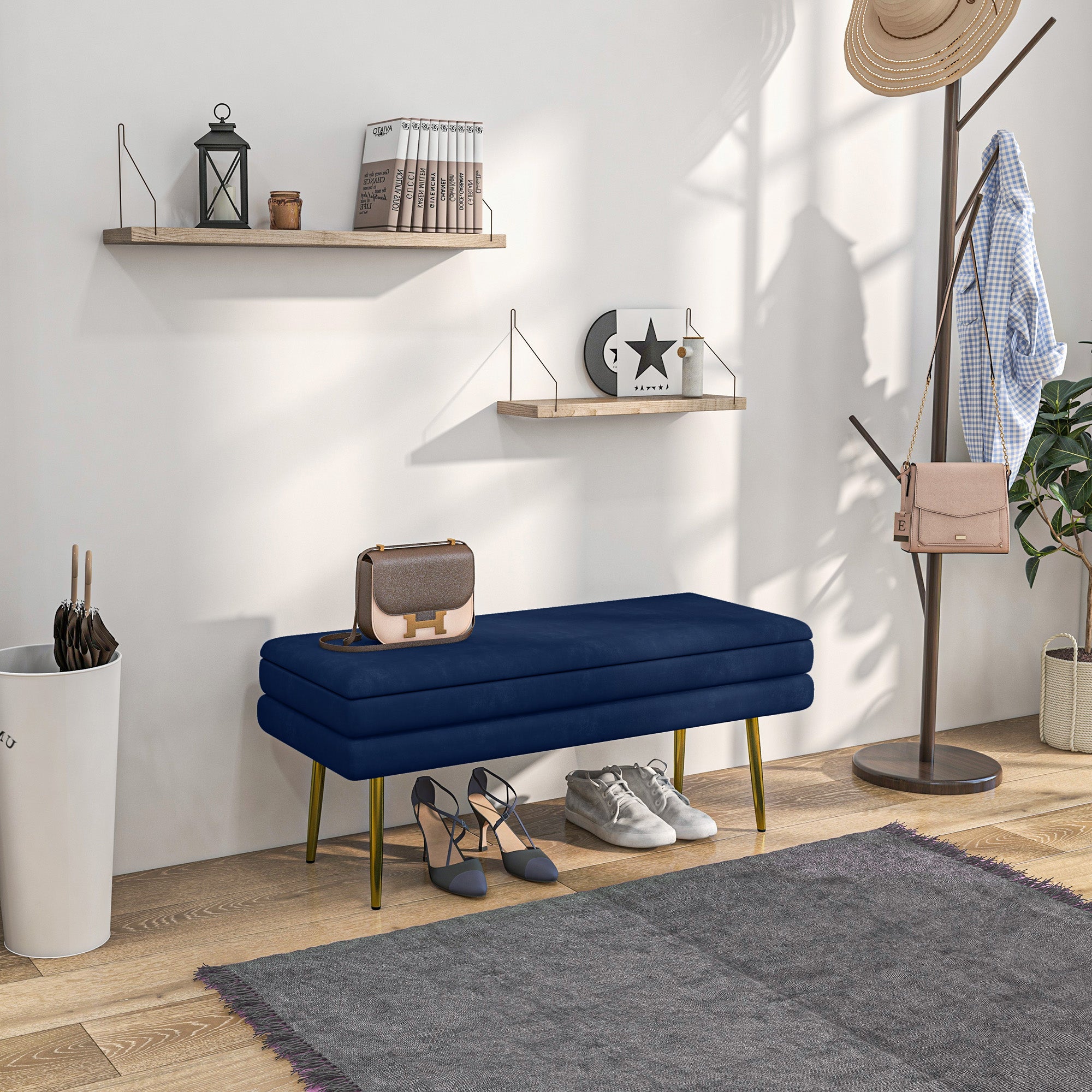 Storage Bench, Padded Bench with Storage Space, Velvet Look, Bed Bench with Steel Legs, Shoe Bench, Storage Bench for Living Room, Bedroom, Blue, 100 x 37.5 x 42 cm