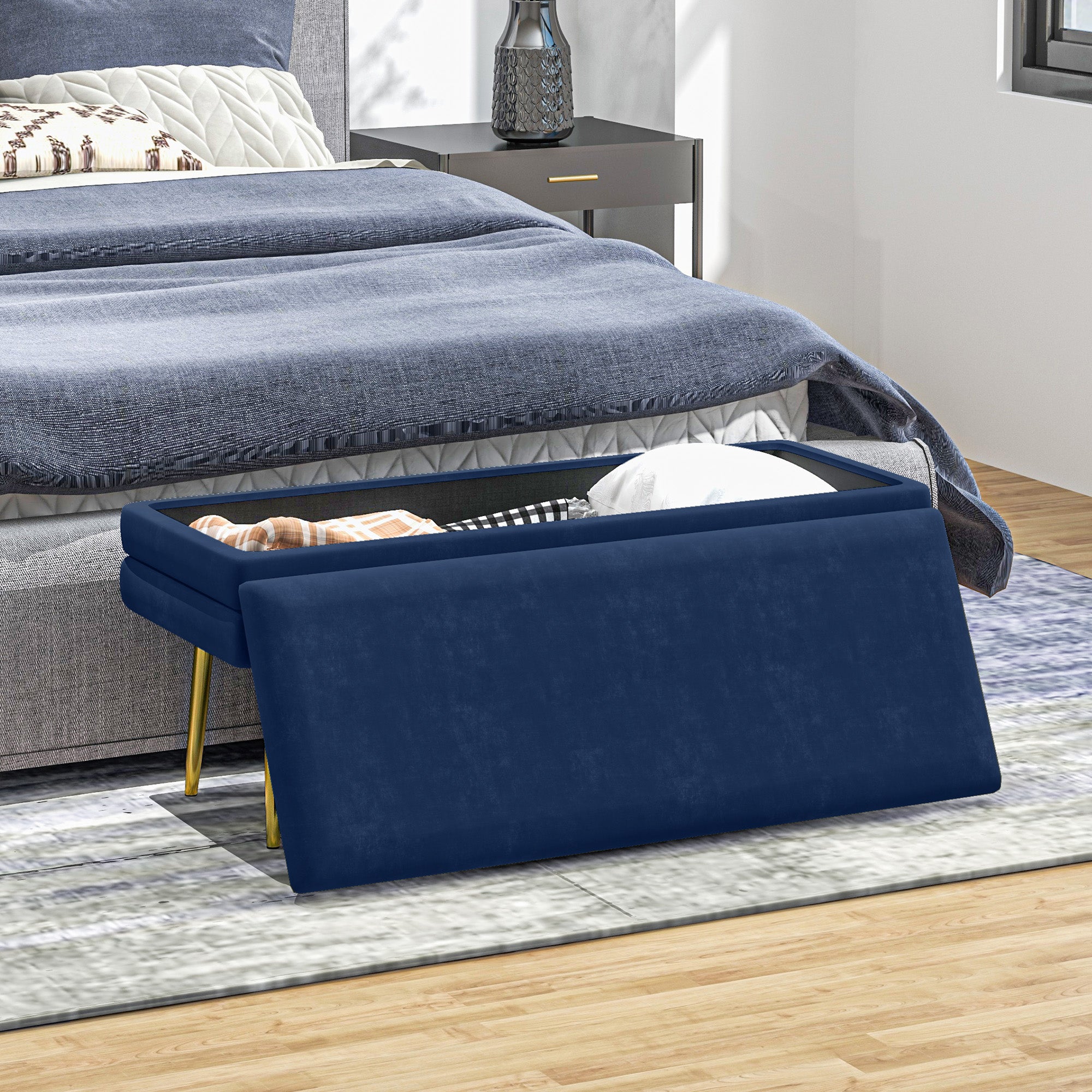 Storage Bench, Padded Bench with Storage Space, Velvet Look, Bed Bench with Steel Legs, Shoe Bench, Storage Bench for Living Room, Bedroom, Blue, 100 x 37.5 x 42 cm