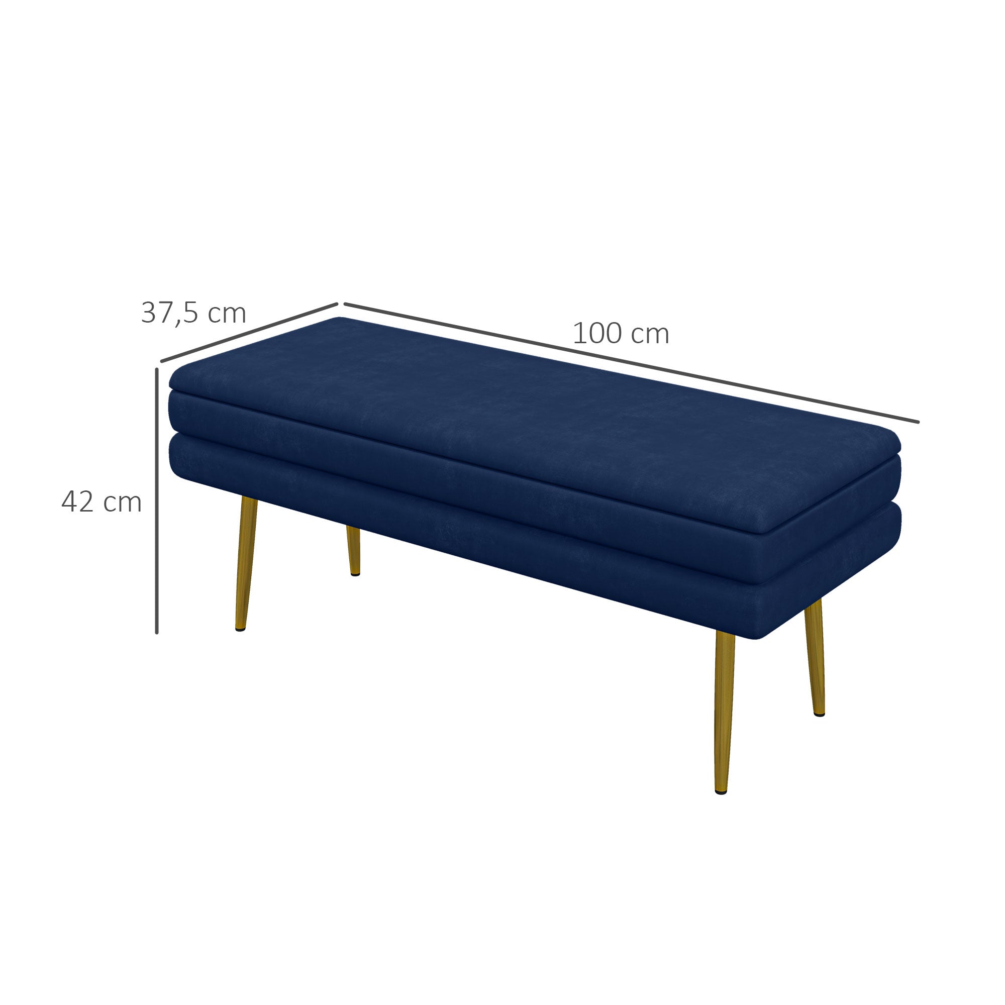 Storage Bench, Padded Bench with Storage Space, Velvet Look, Bed Bench with Steel Legs, Shoe Bench, Storage Bench for Living Room, Bedroom, Blue, 100 x 37.5 x 42 cm