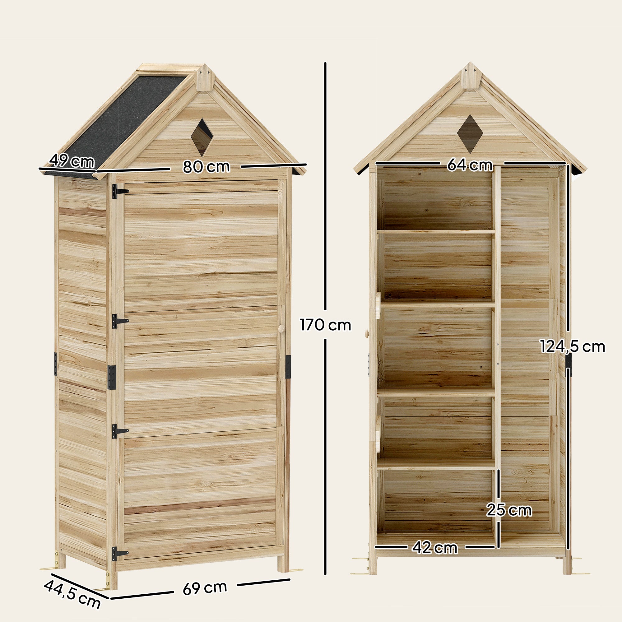 Wooden Garden Cabinet, Waterproof Tool Shed 80 x 49 x 170 cm, Weatherproof Tool House with Door, Gable Roof, Shelves, Tool Cabinet, Garden Shed for Garden, Lawn, Natural Wood