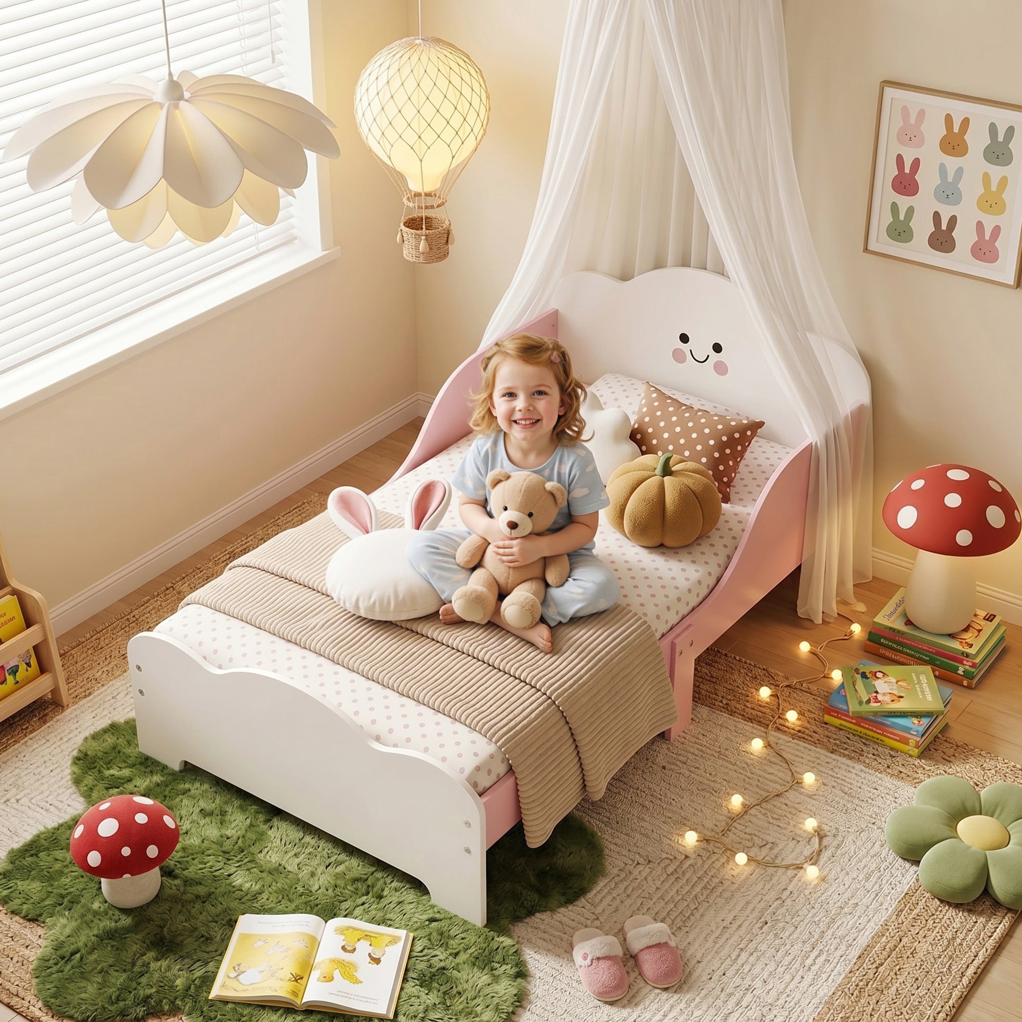 Toddler Bed 55 x 27.6 in (140×70 cm) with Guardrails & Slatted Base, Pink – Mattress Not Included