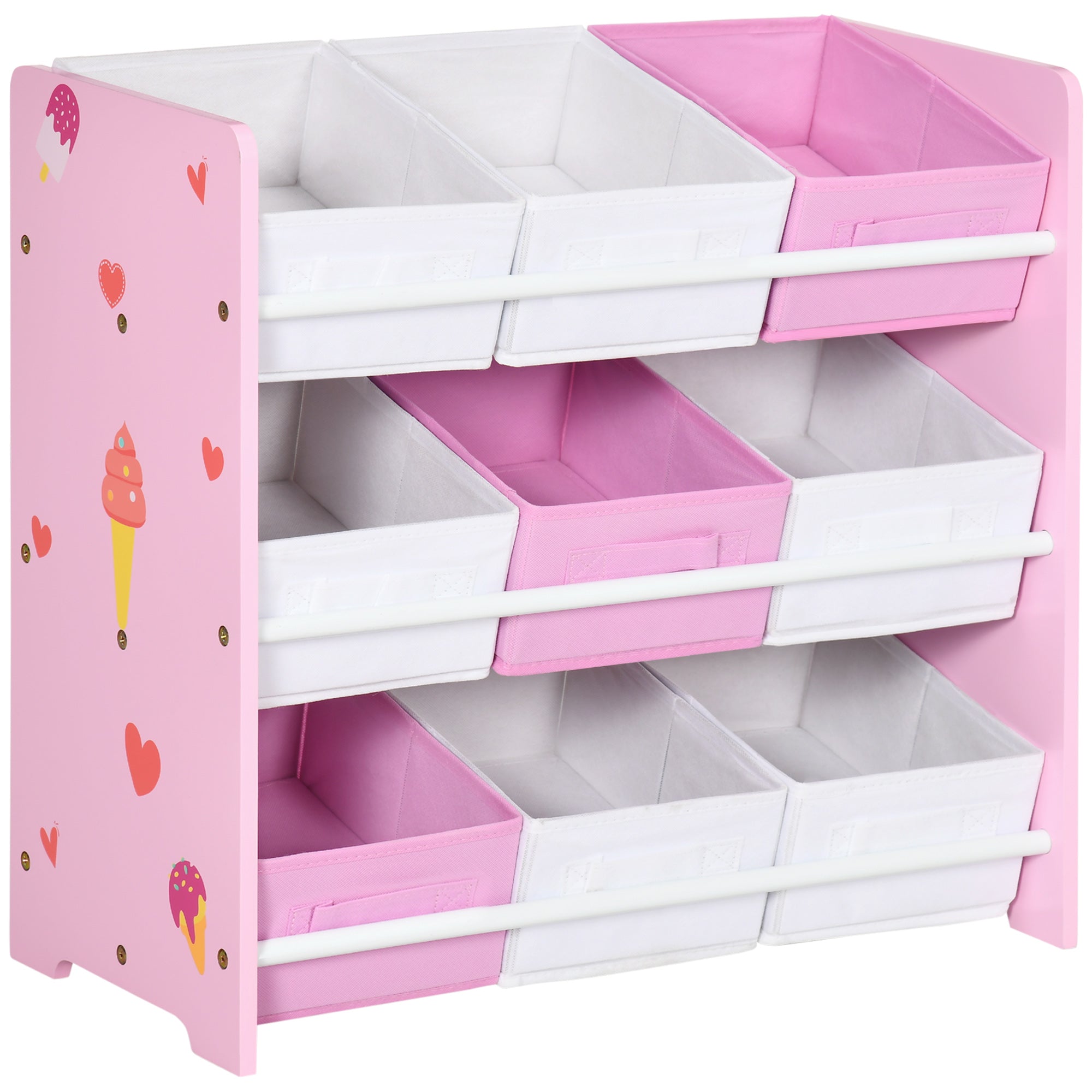 ZONEKIZ Children's Bookcase with 9 Removable Non-Woven Fabric Bins Toy Organizer for Bedroom Nursery 63x30x60 cm Pink