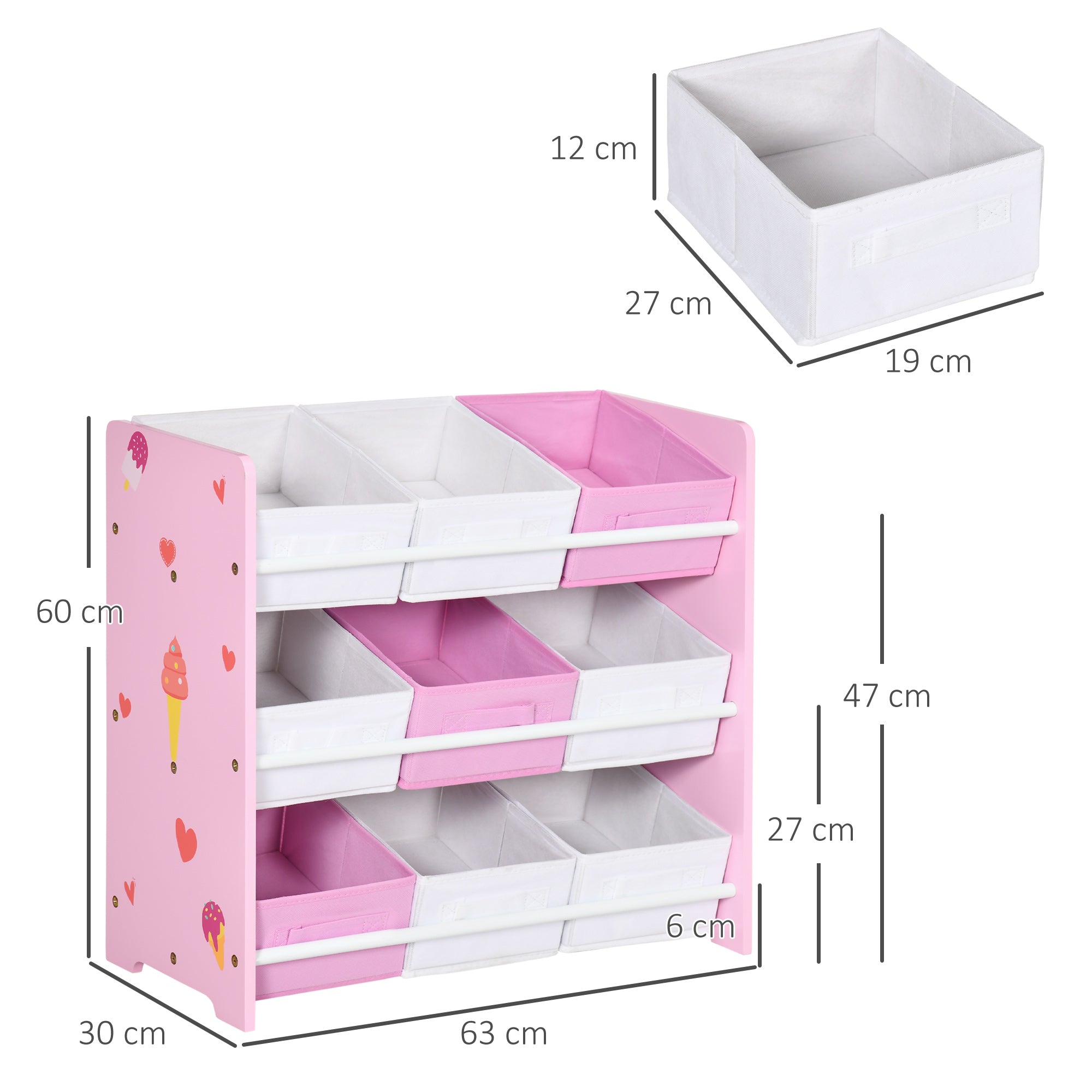 ZONEKIZ Children's Bookcase with 9 Removable Non-Woven Fabric Bins Toy Organizer for Bedroom Nursery 63x30x60 cm Pink