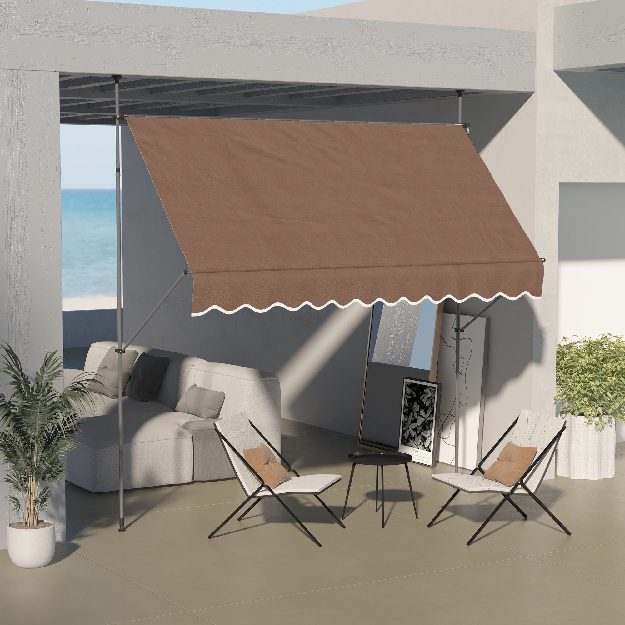 Retractable Manual Awning 3x1.2m Exterior Terrace Roll-up Awning Adjustable Height with Crank 210-300 cm No Drilling UV30+ Protection for Balcony Garden Brown