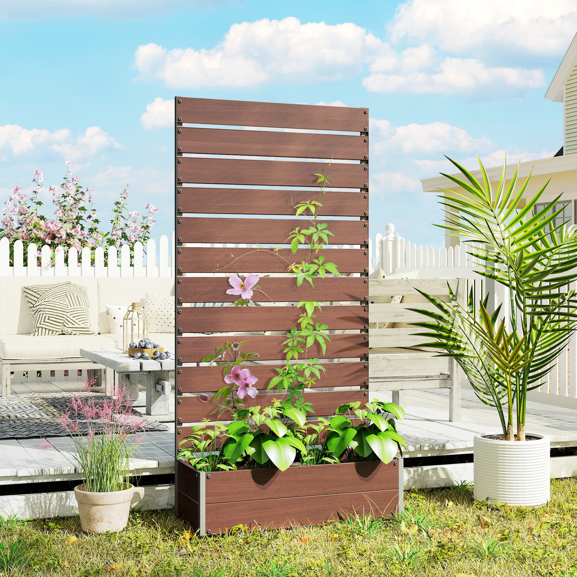 Planter Box with Trellis, Raised Garden Bed, Outdoor Planter for Climbing Plants, Rectangular Plant Pot for Balcony Terrace Patio, 90.5x38x180 cm, Brown