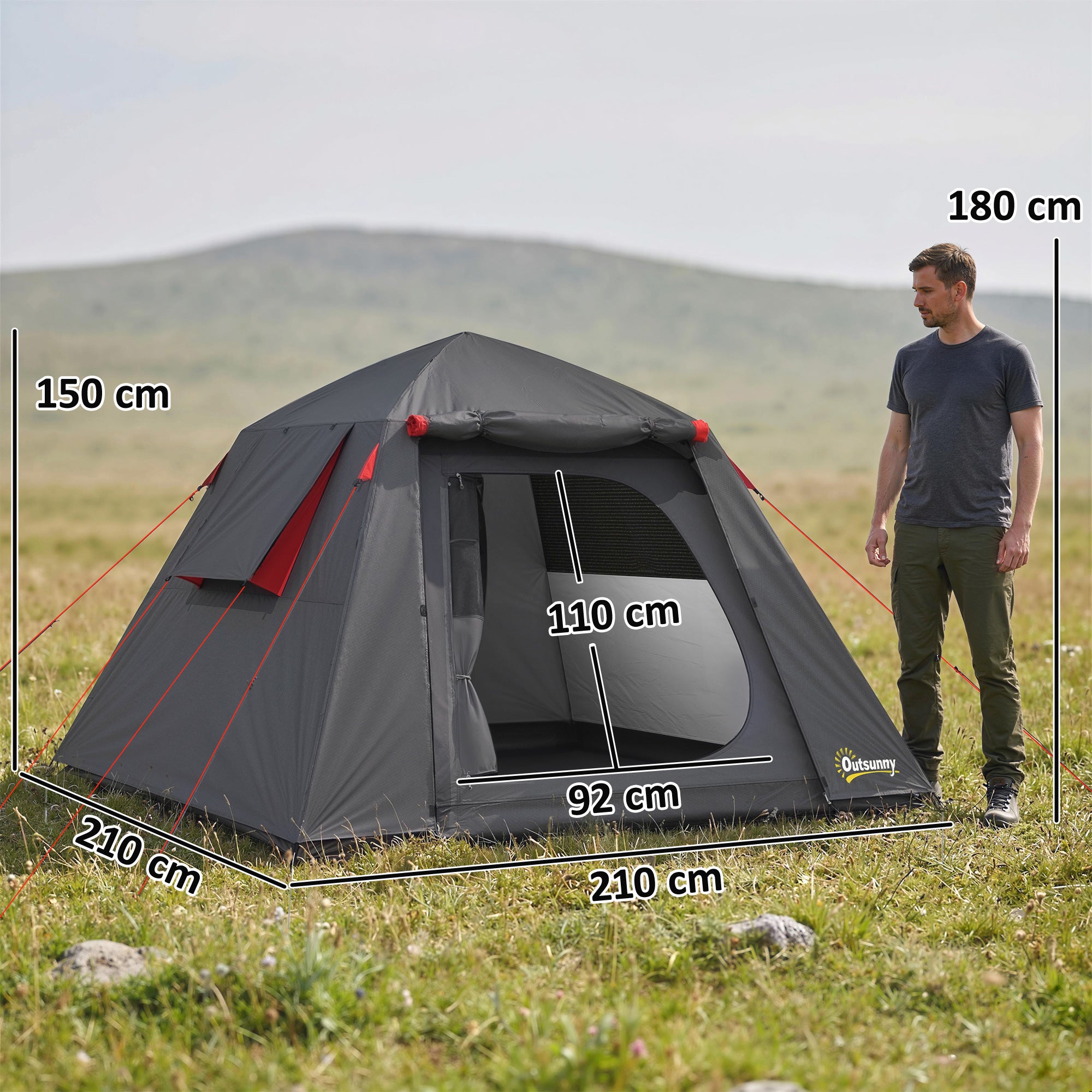2-Person Camping Tent, 3000 mm Waterproof & Windproof Dome with 2 Doors, 2 Mesh Windows, 2 Side Windows, Carry Bag & Lantern Hook – Camping/Trekking/Travel