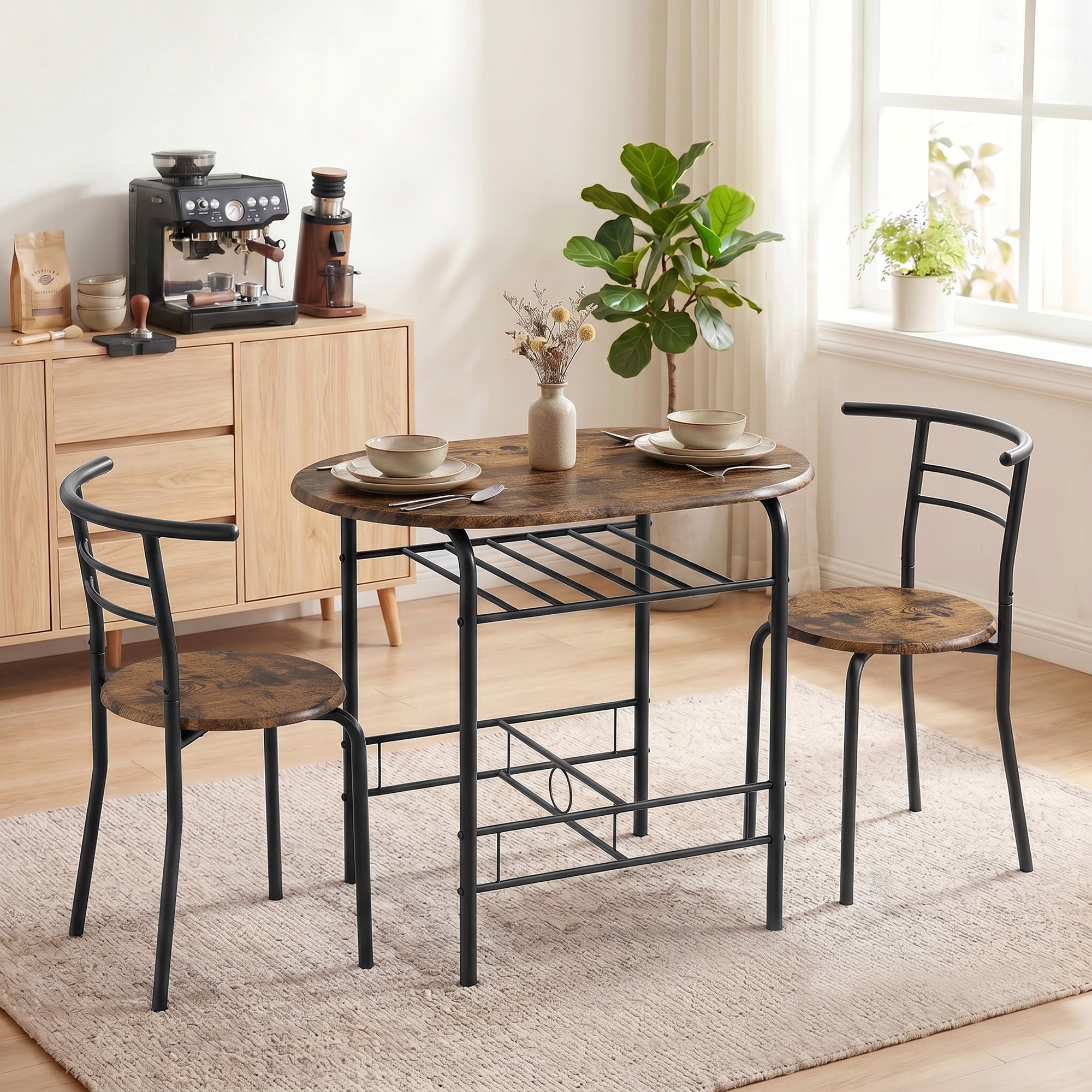 3-Piece Dining Set – 31.5 in Table with 2 Chairs & Shelf, Rustic Brown, Ideal for Small Spaces
