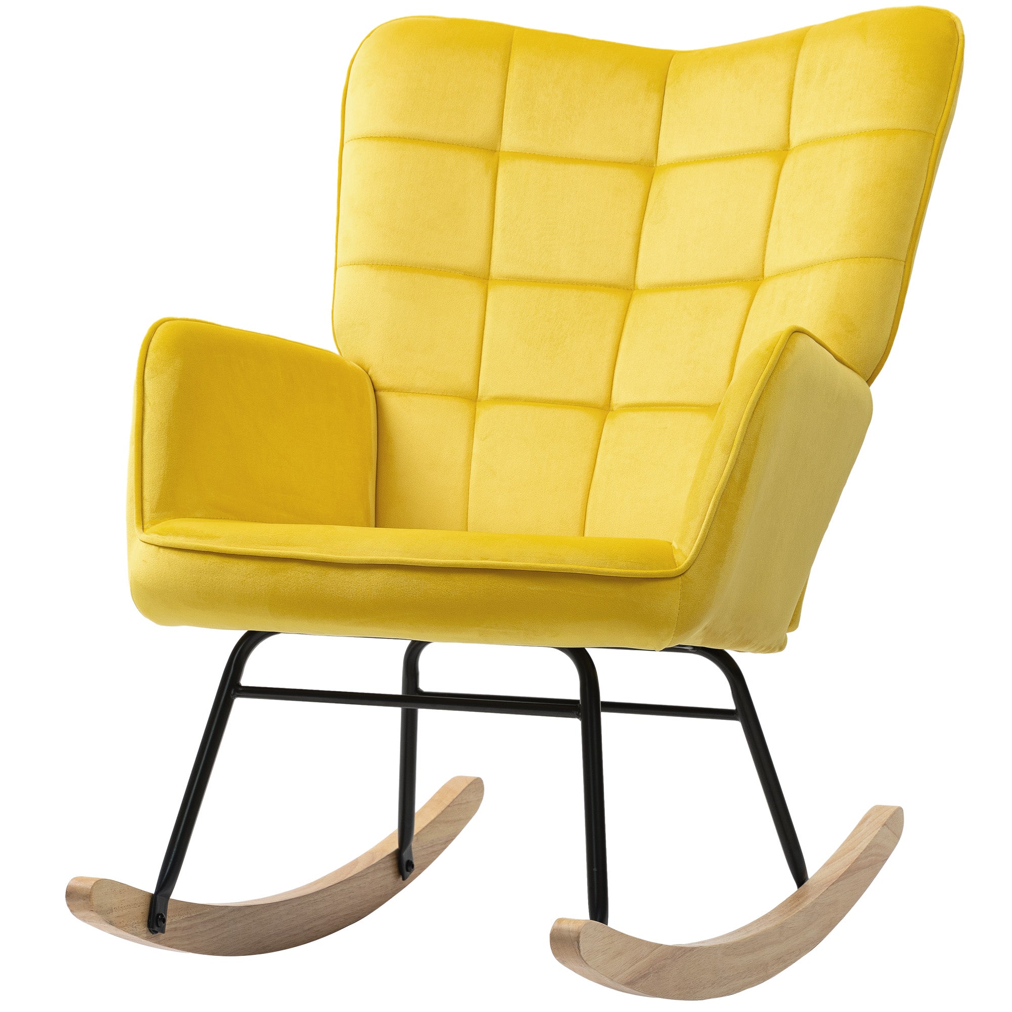 Rocking Chair, Velvet Upholstery, Nursing Chair, Steel Frame, Solid Wood Legs, Yellow