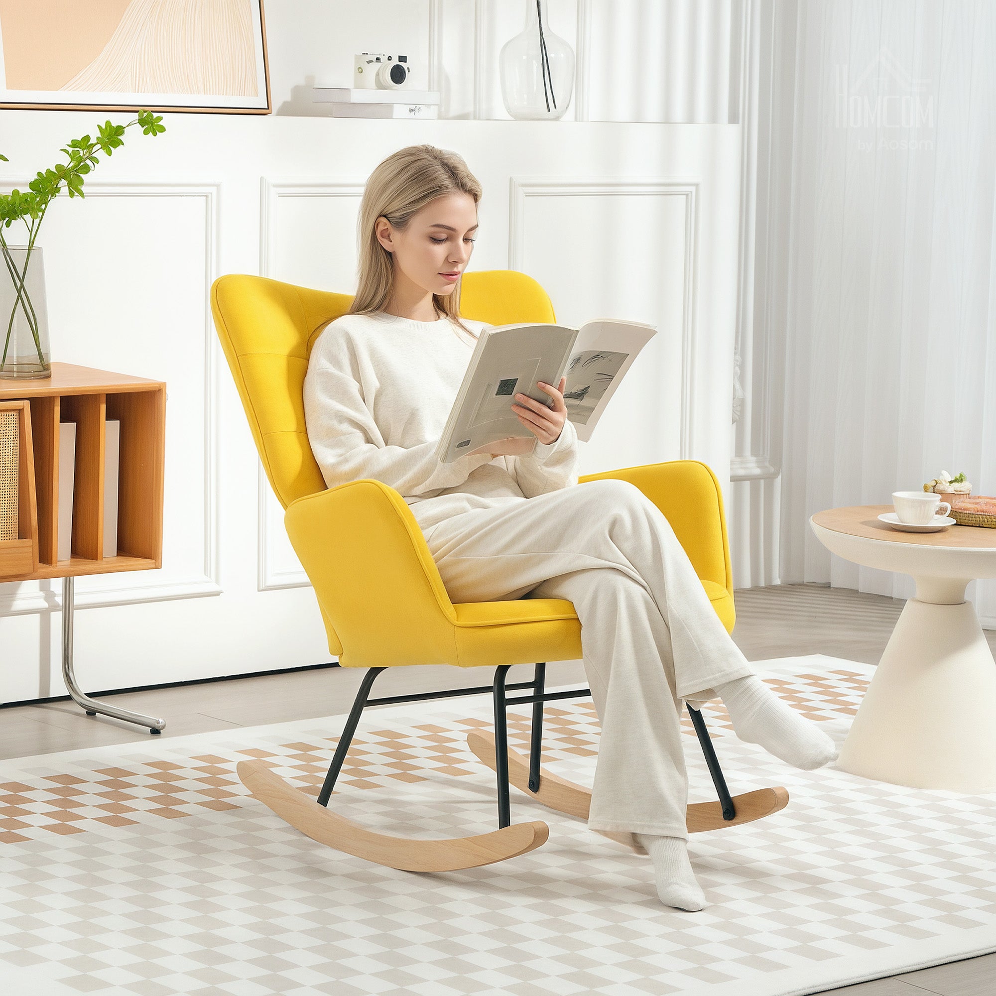 Rocking Chair, Velvet Upholstery, Nursing Chair, Steel Frame, Solid Wood Legs, Yellow