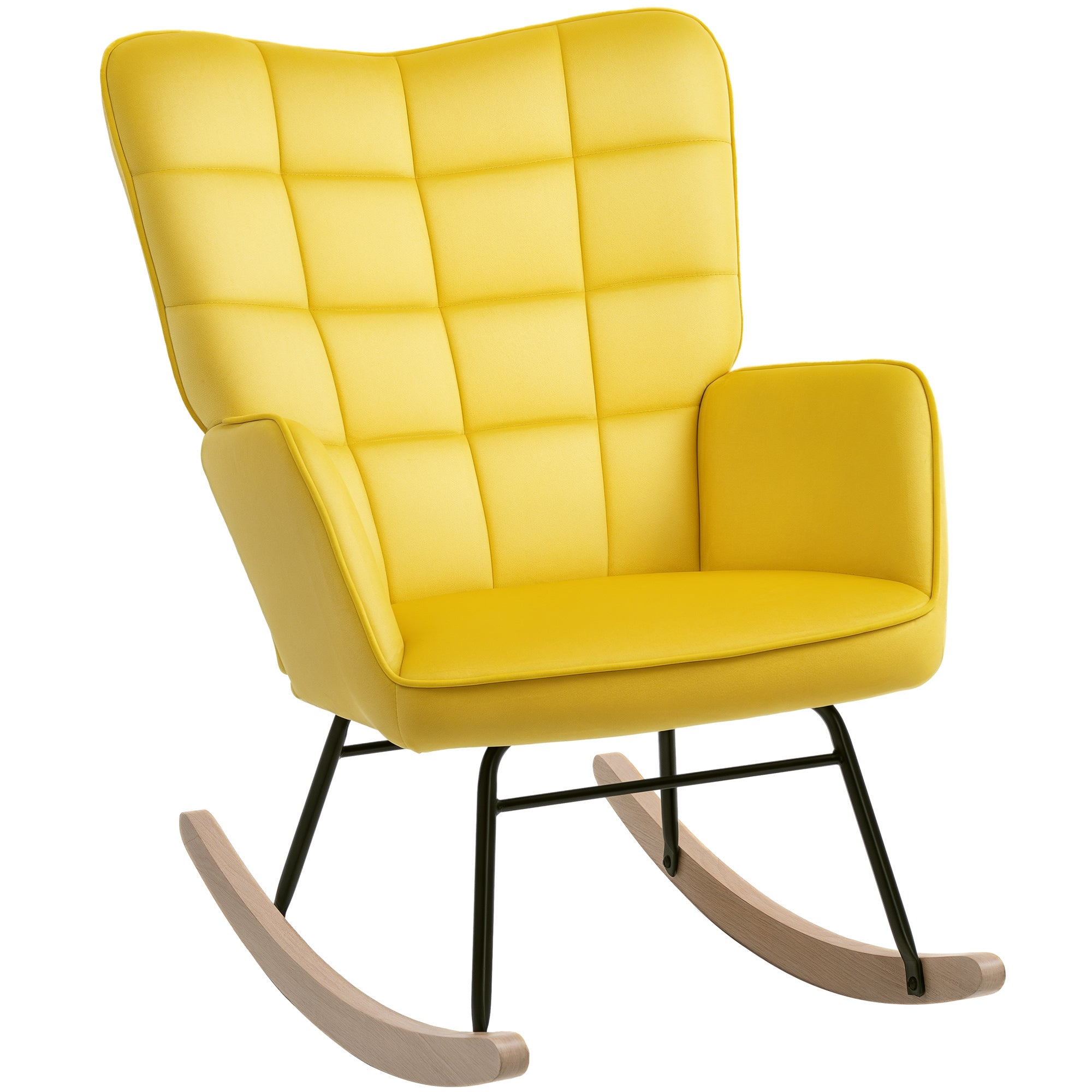Rocking Chair, Velvet Upholstery, Nursing Chair, Steel Frame, Solid Wood Legs, Yellow