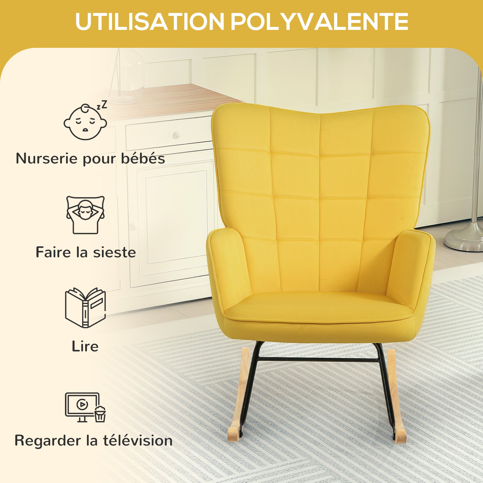 Rocking Chair, Velvet Upholstery, Nursing Chair, Steel Frame, Solid Wood Legs, Yellow