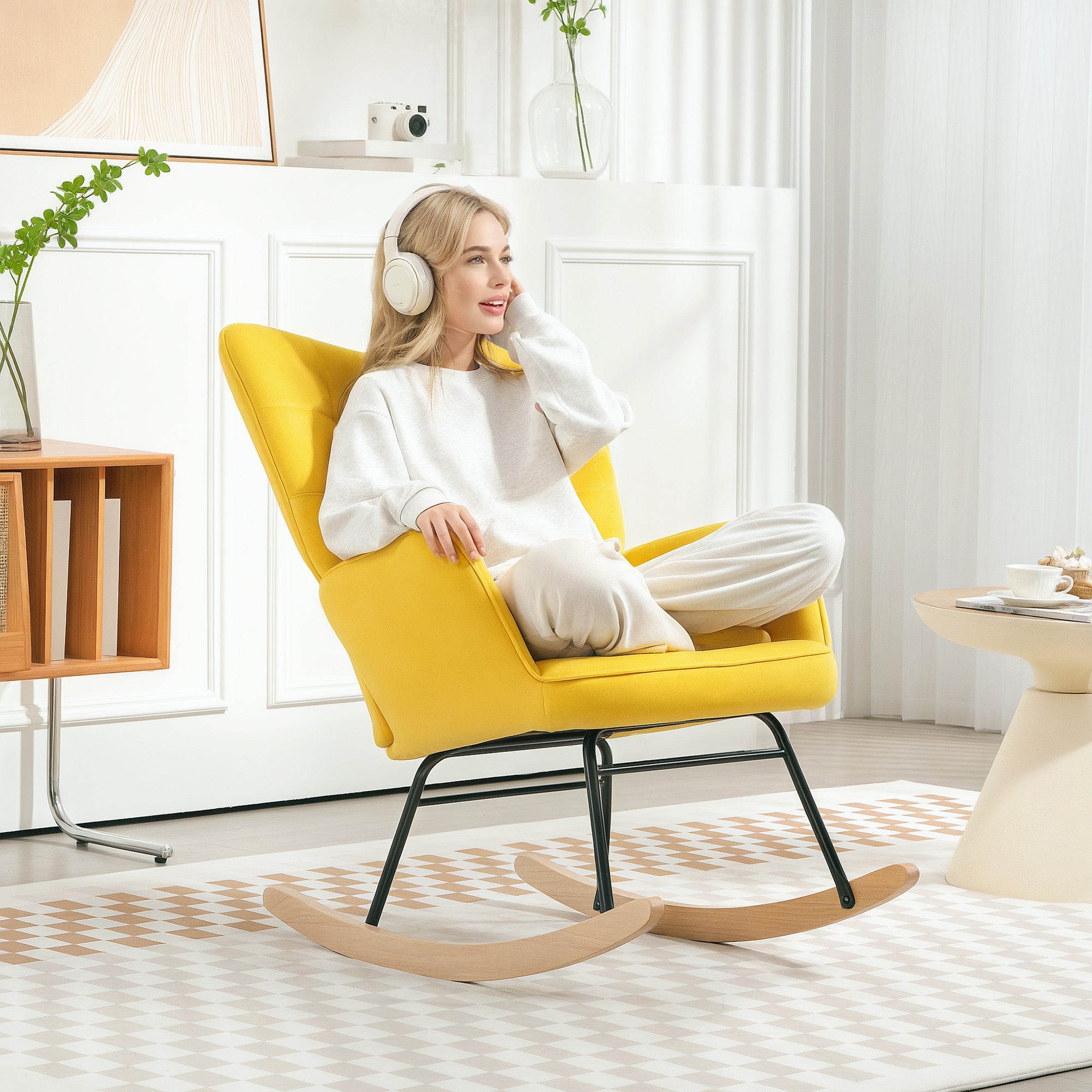 Rocking Chair, Velvet Upholstery, Nursing Chair, Steel Frame, Solid Wood Legs, Yellow