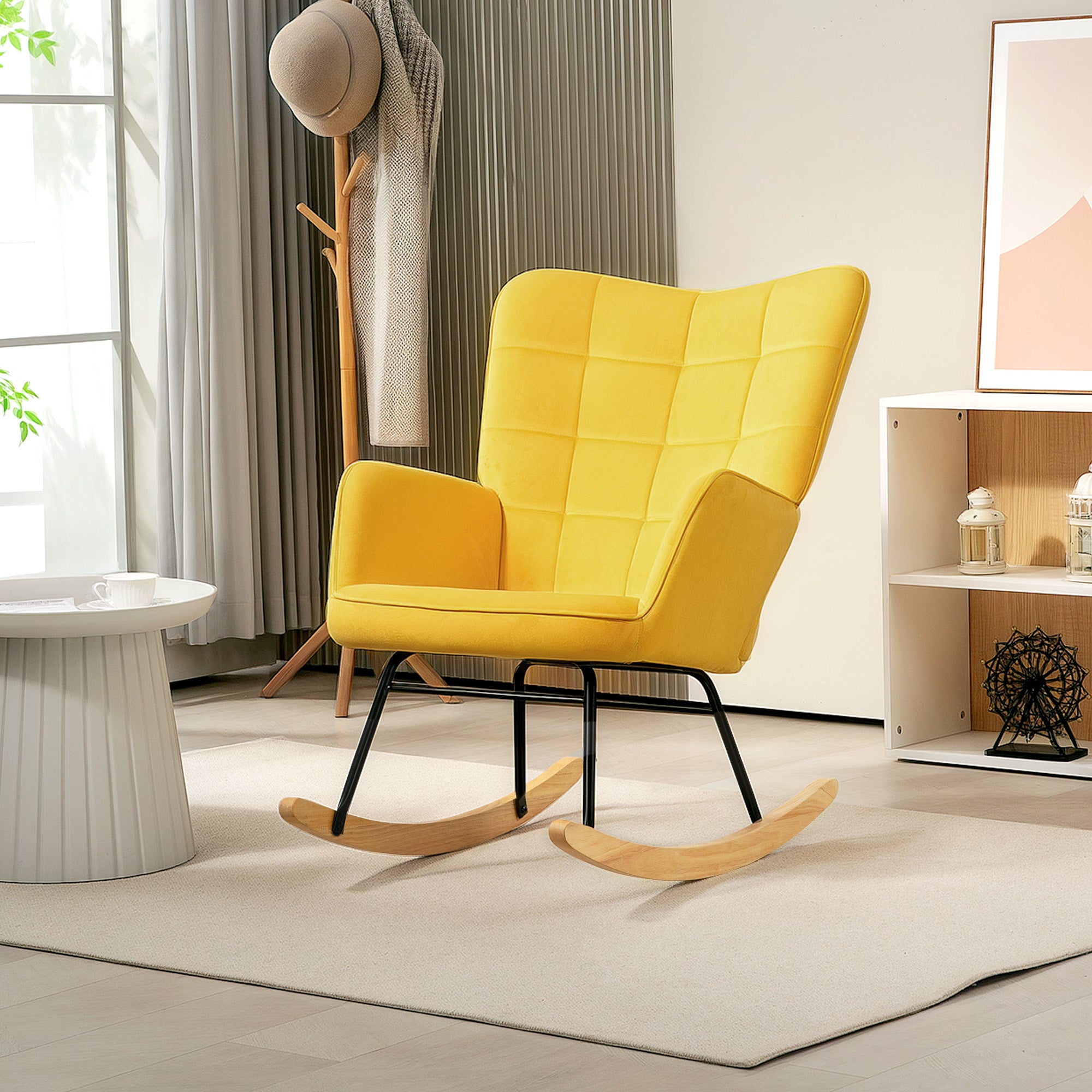 Rocking Chair, Velvet Upholstery, Nursing Chair, Steel Frame, Solid Wood Legs, Yellow