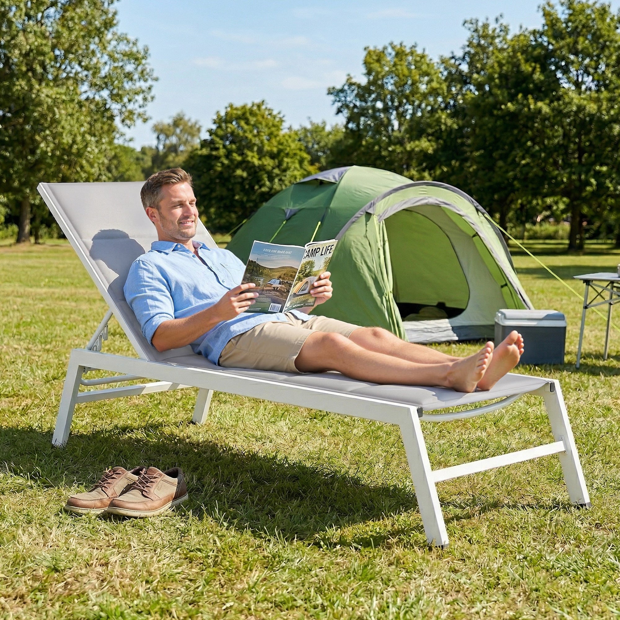 Lightweight Aluminum Sun Lounger — 6-Position Adjustable Back, 560 g/m² Textilene with Integrated Padding, Rust-Resistant Patio/Pool Chaise (25.2 x 71.3 x 35.4 in), Light Gray