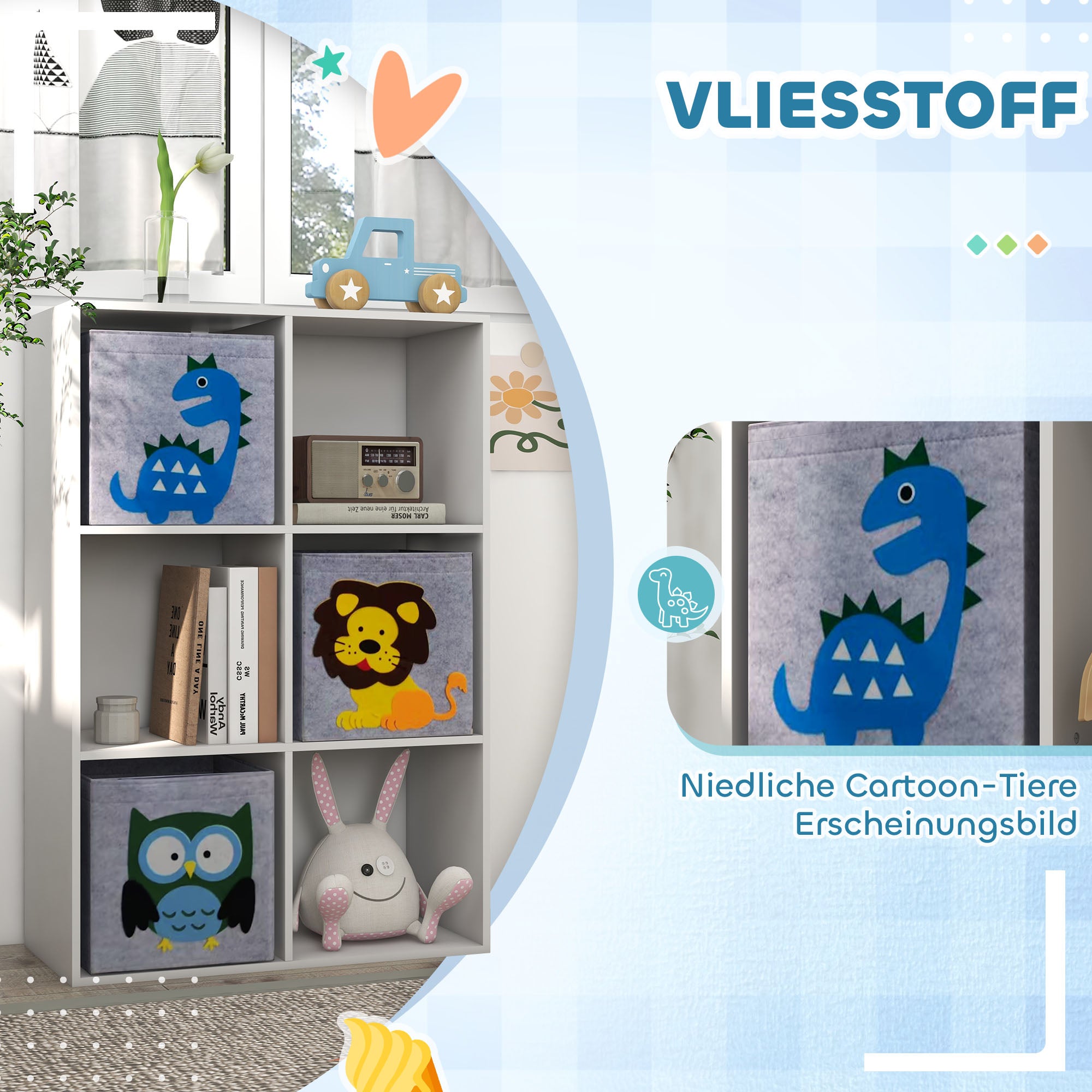 ZONEKIZ Children's Shelf Bookshelf with 3 Storage Boxes Kids Room Shelf Toy Shelf for Children's Room White+Grey 61.8 x 29.9 x 91.5 cm