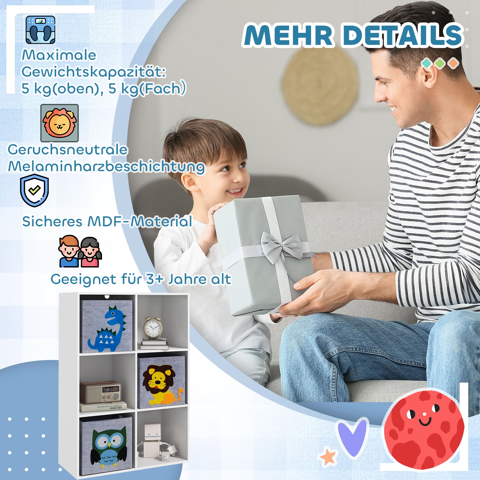 ZONEKIZ Children's Shelf Bookshelf with 3 Storage Boxes Kids Room Shelf Toy Shelf for Children's Room White+Grey 61.8 x 29.9 x 91.5 cm