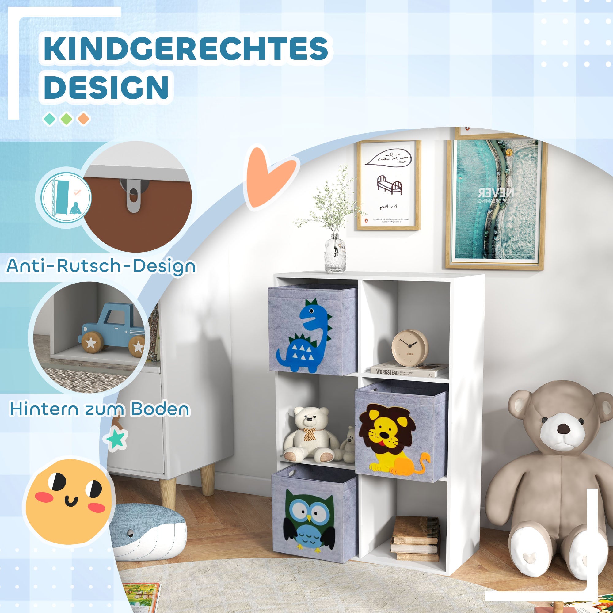 ZONEKIZ Children's Shelf Bookshelf with 3 Storage Boxes Kids Room Shelf Toy Shelf for Children's Room White+Grey 61.8 x 29.9 x 91.5 cm