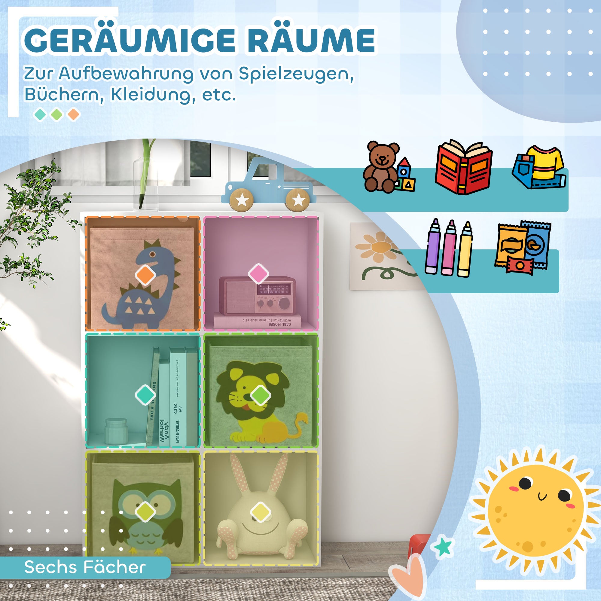 ZONEKIZ Children's Shelf Bookshelf with 3 Storage Boxes Kids Room Shelf Toy Shelf for Children's Room White+Grey 61.8 x 29.9 x 91.5 cm