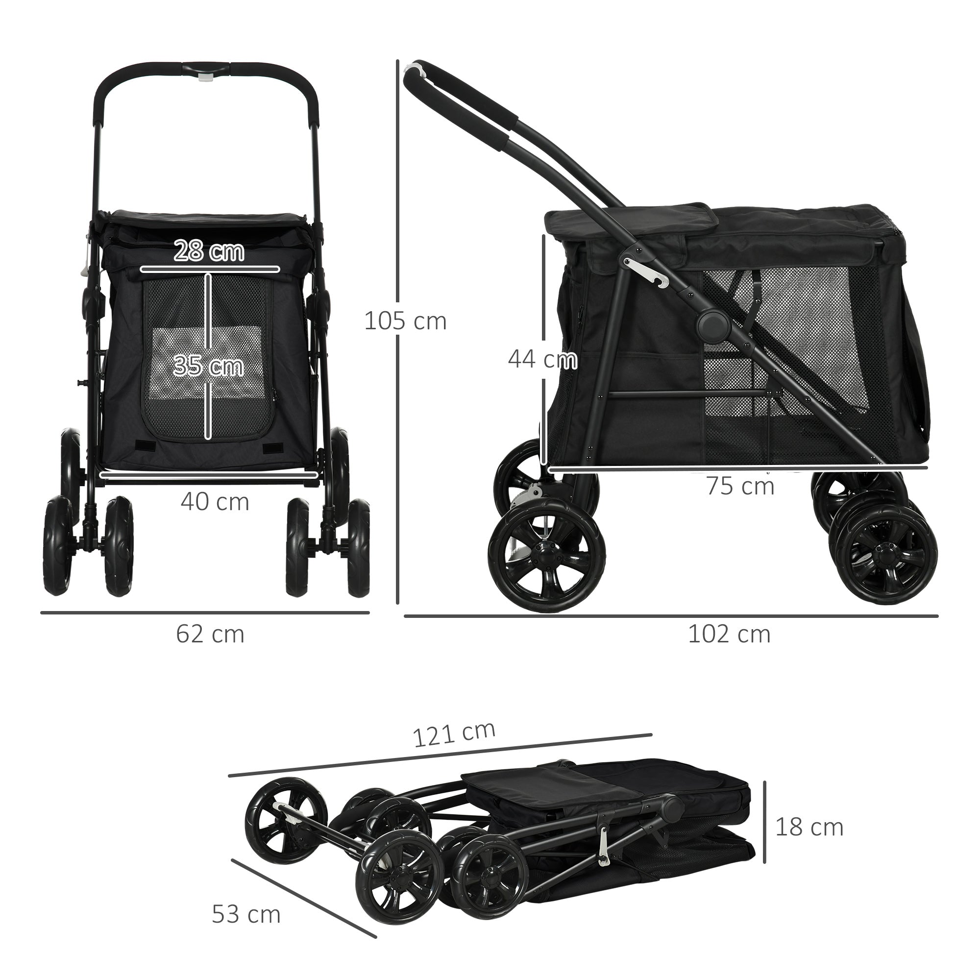 Dog Stroller, Foldable Dog Buggy, Dog Trolley with Cushion, Cat Stroller up to 20 kg, Cat Carriage for Small and Medium-Sized Dogs with Side Pockets, Mesh Window, Oxford Fabric, Black