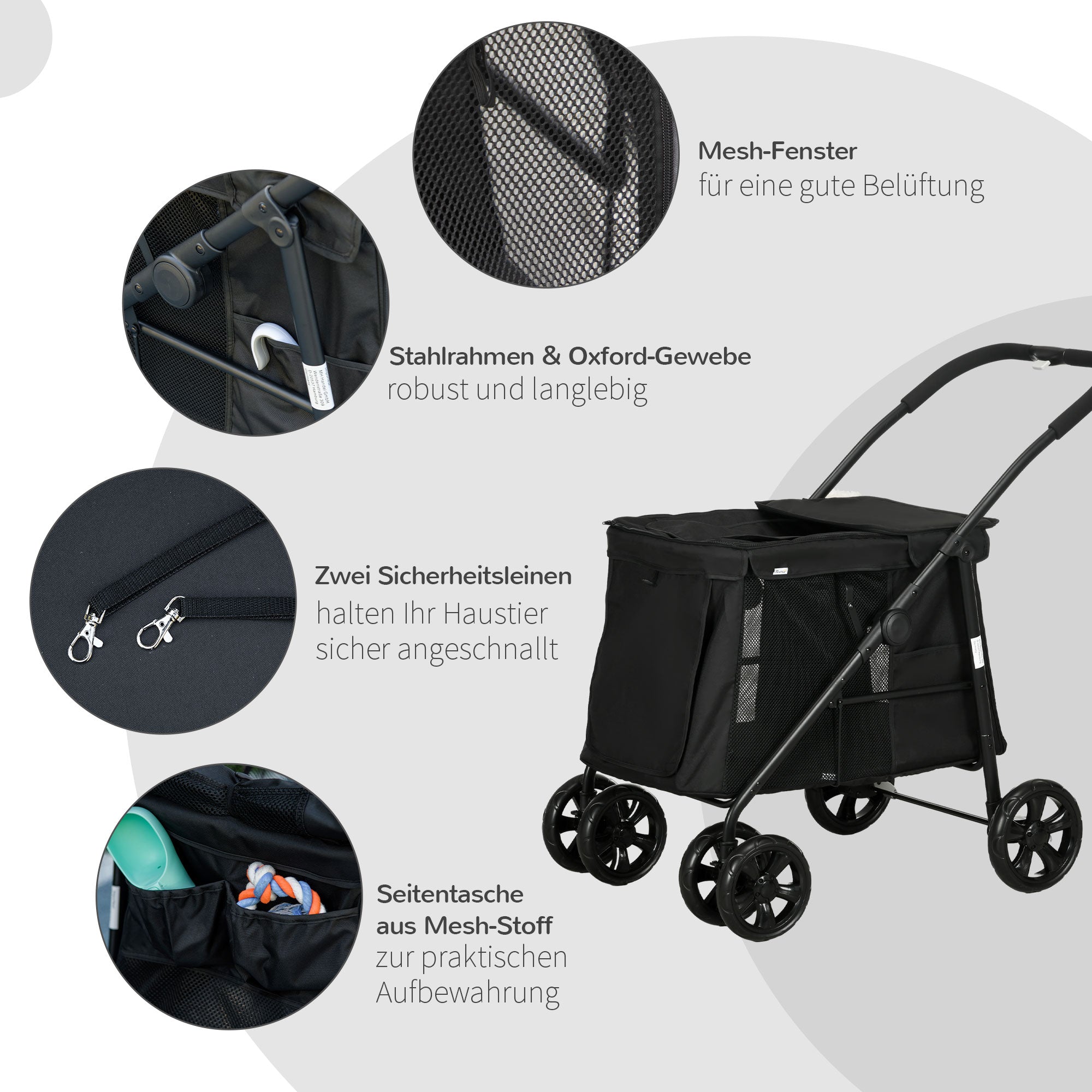 Dog Stroller, Foldable Dog Buggy, Dog Trolley with Cushion, Cat Stroller up to 20 kg, Cat Carriage for Small and Medium-Sized Dogs with Side Pockets, Mesh Window, Oxford Fabric, Black