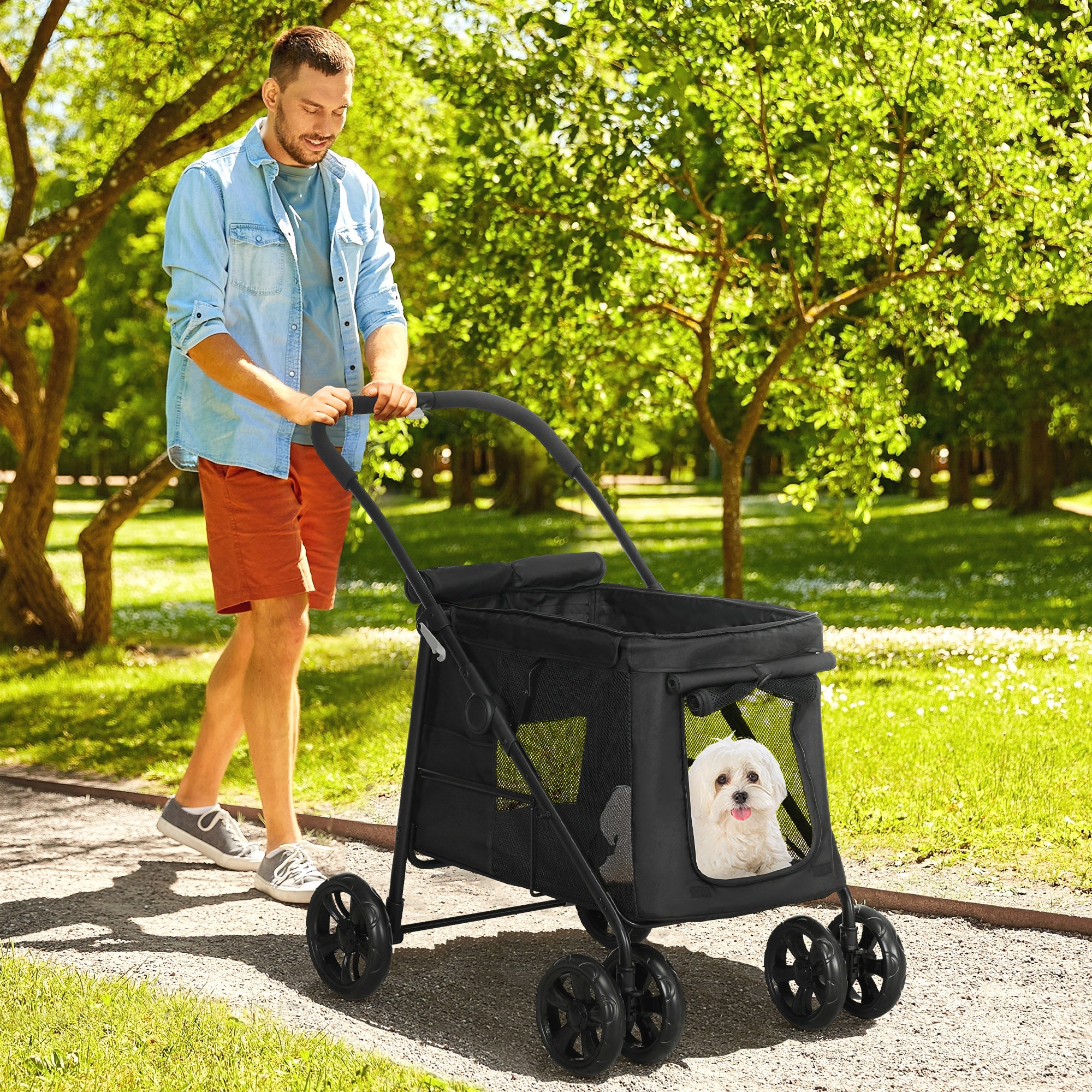 Dog Stroller, Foldable Dog Buggy, Dog Trolley with Cushion, Cat Stroller up to 20 kg, Cat Carriage for Small and Medium-Sized Dogs with Side Pockets, Mesh Window, Oxford Fabric, Black
