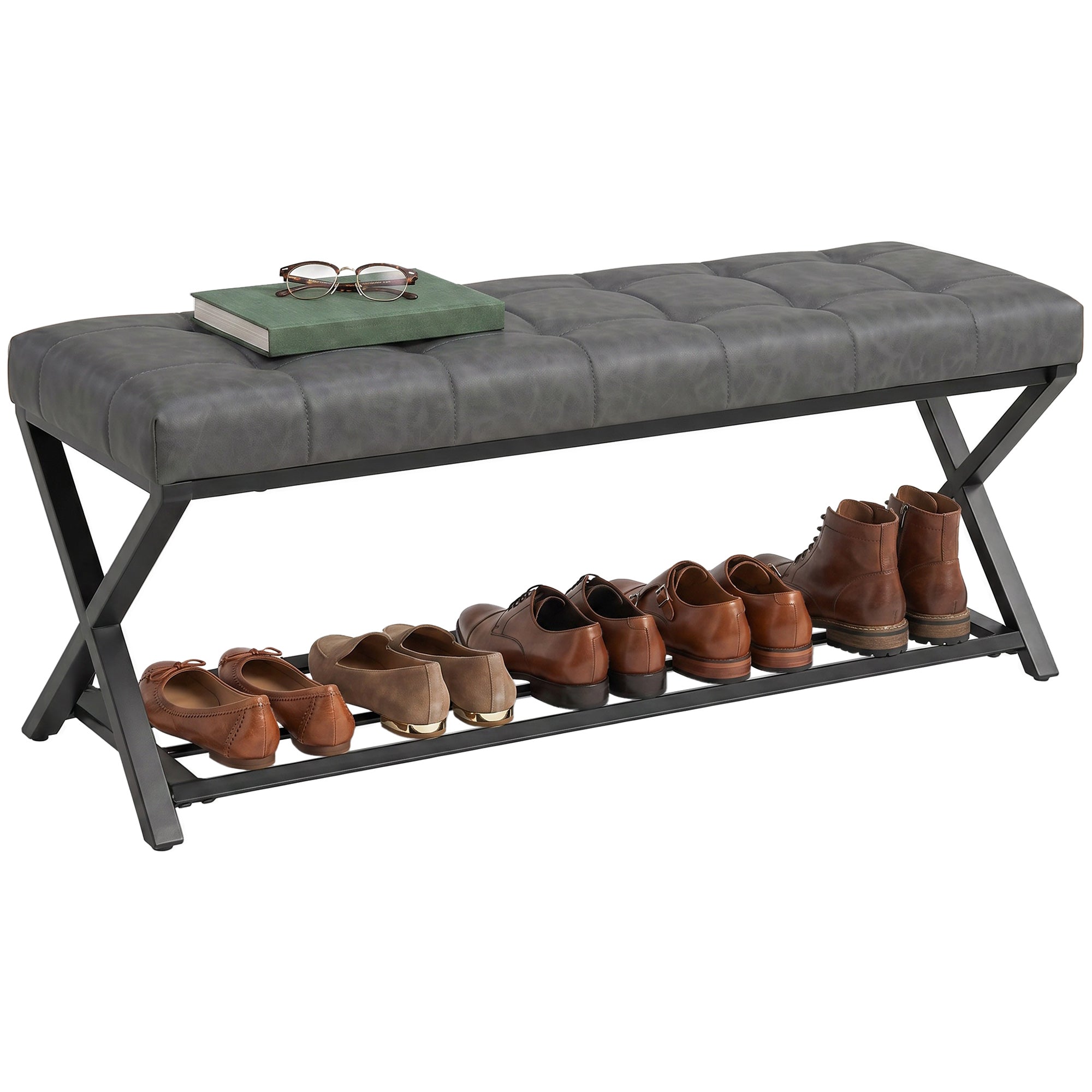 Padded Shoe Bench with Storage — Industrial X-Frame Steel, PU Leather, 485 lb Capacity, 44.1 x 14.6 x 18.5 in (112×37×47 cm), Dark Gray