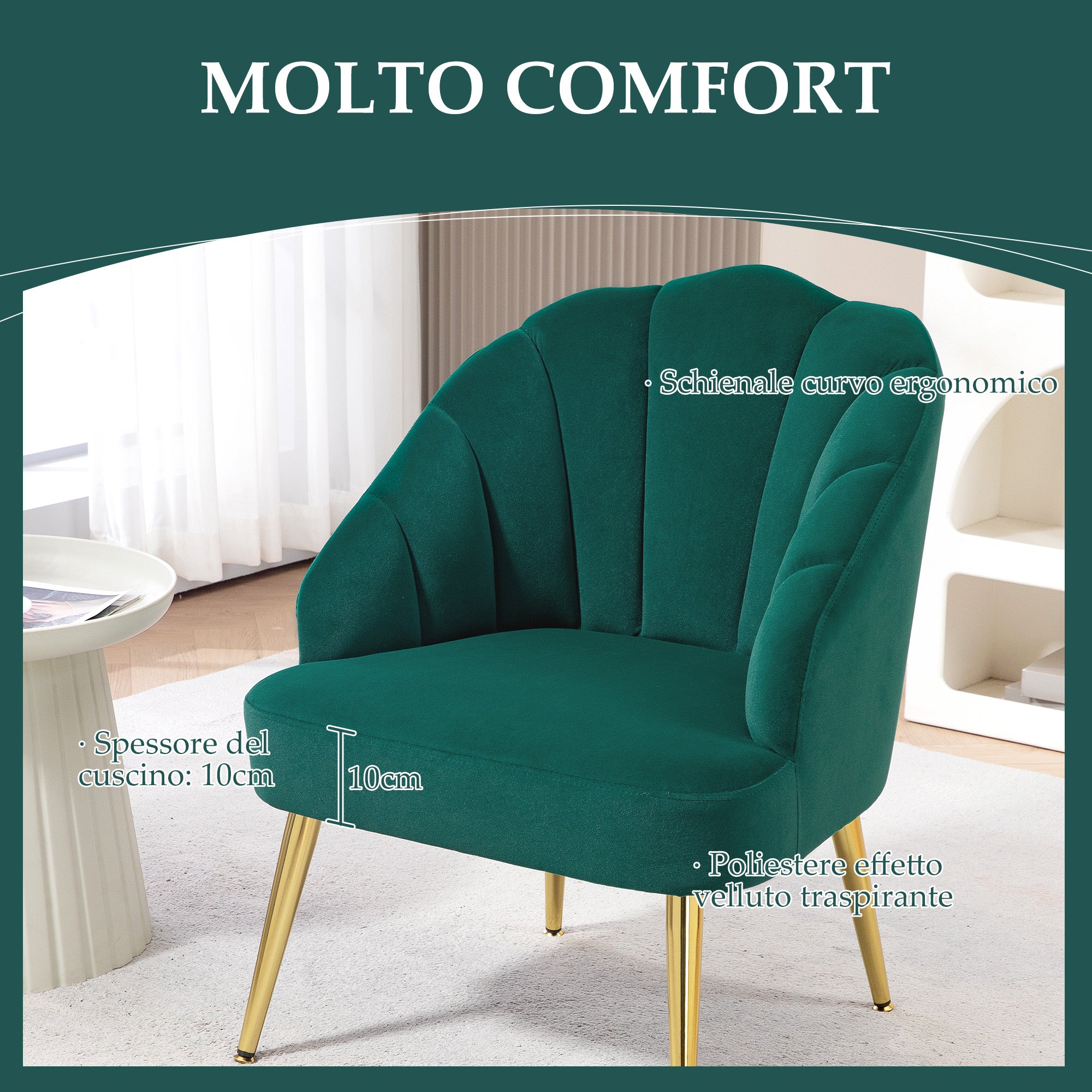 Shell Back Upholstered Chair, Bedroom and Living Room Velvet Armchair with Gold Legs, for Bedroom and Living Room, Green