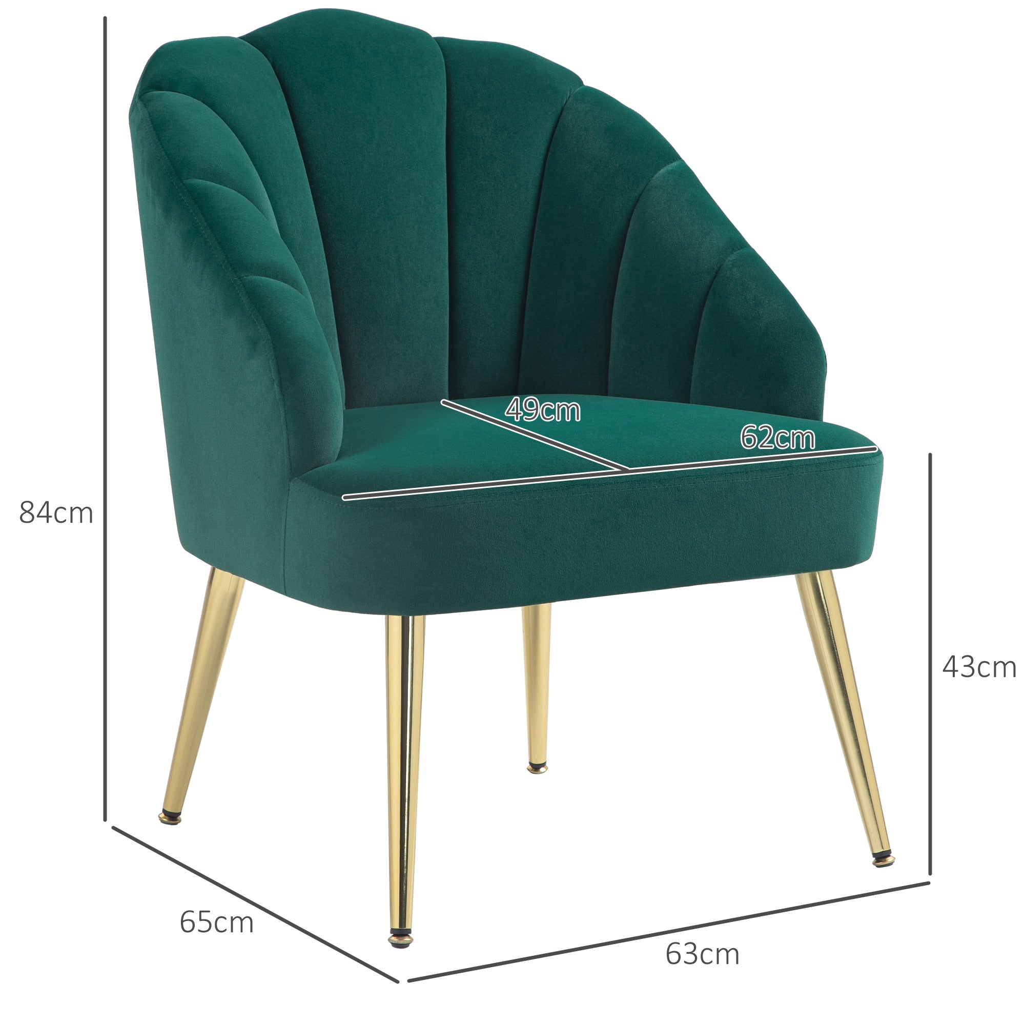 Shell Back Upholstered Chair, Bedroom and Living Room Velvet Armchair with Gold Legs, for Bedroom and Living Room, Green
