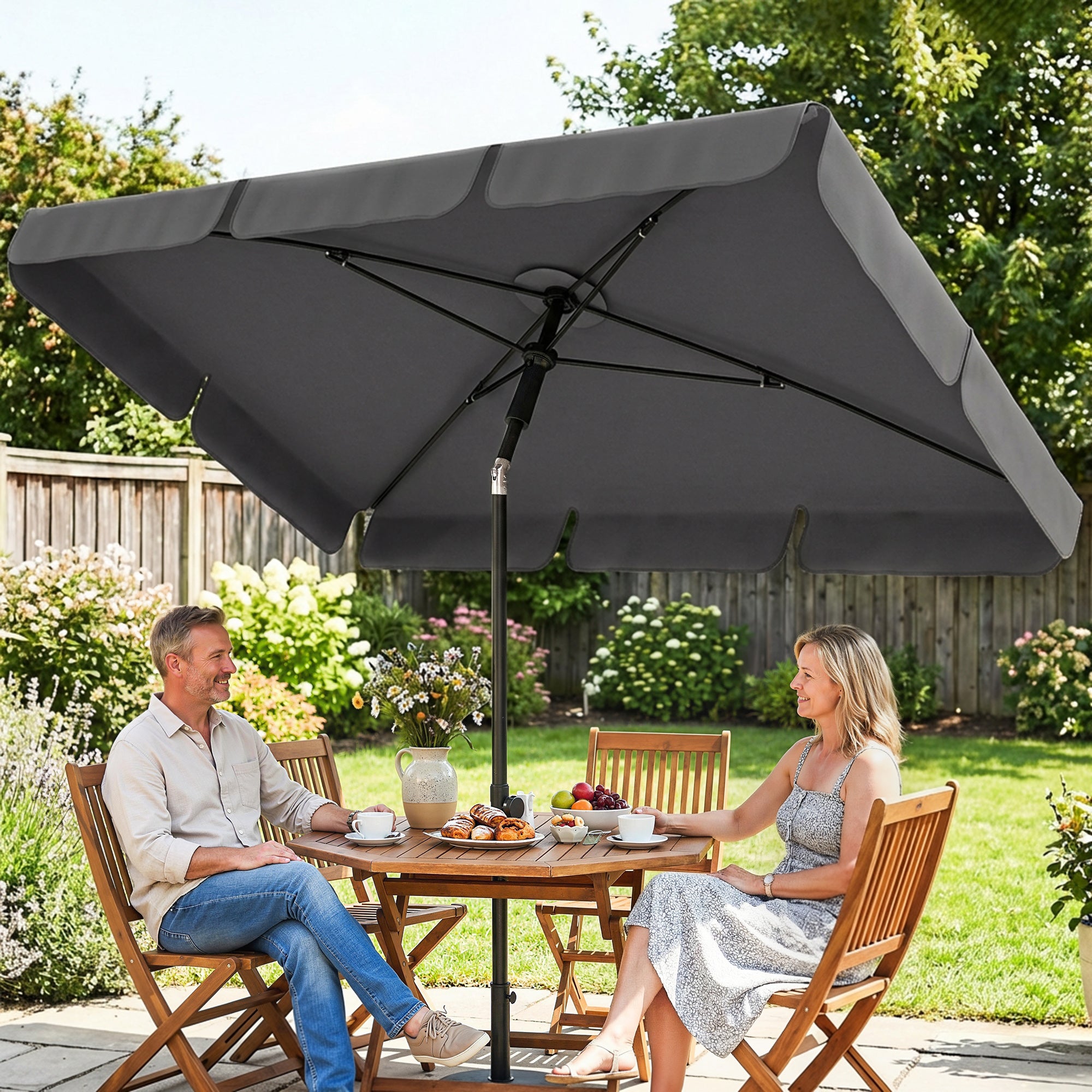 Rectangular Parasol 72 x 48 in (183 x 122 cm) – 3-Tilt Crank Umbrella with 8 Ribs for Beach, Balcony & Garden, Dark Gray
