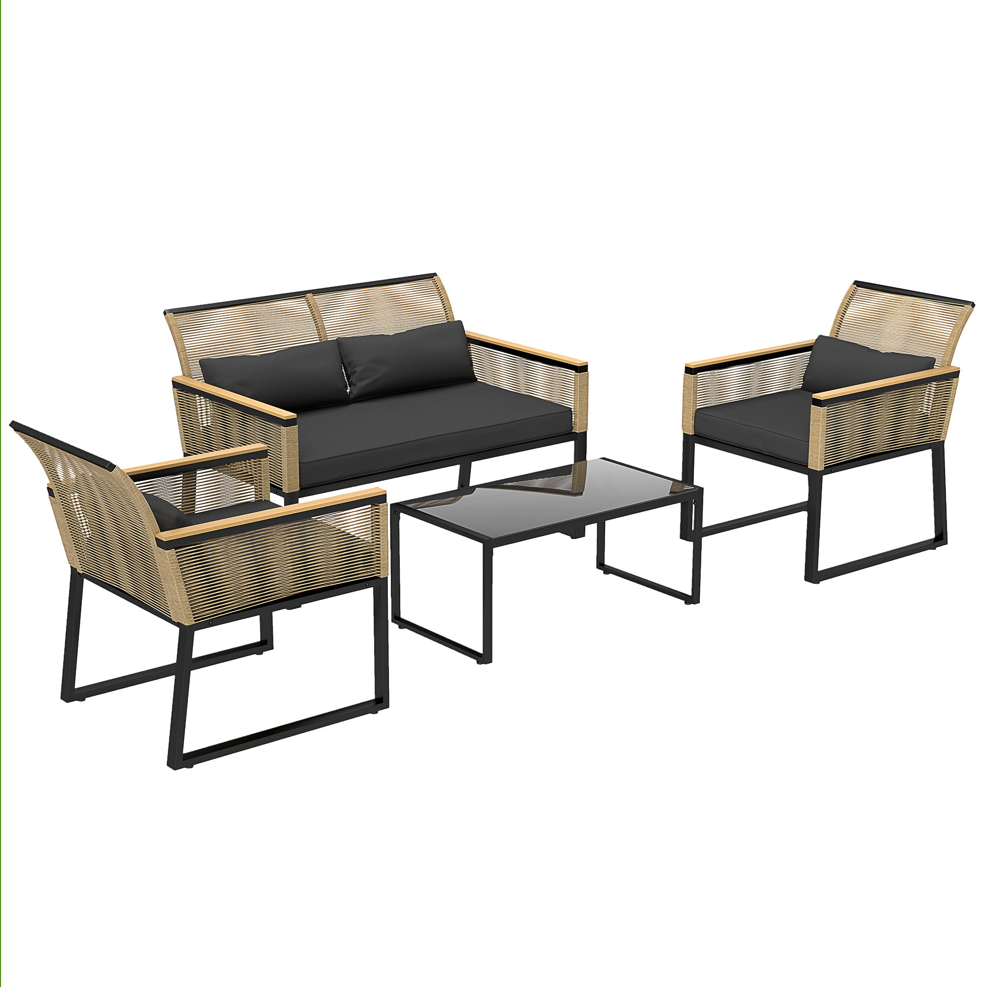 Poly Rattan Garden Furniture Set 4 Persons, Weatherproof Balcony Furniture Set with 2-Seater Sofa, 2 Chairs Glass Table Seat Cushions, Outdoor Seating Group, Patio Furniture Garden Set for Garden Balcony, Black