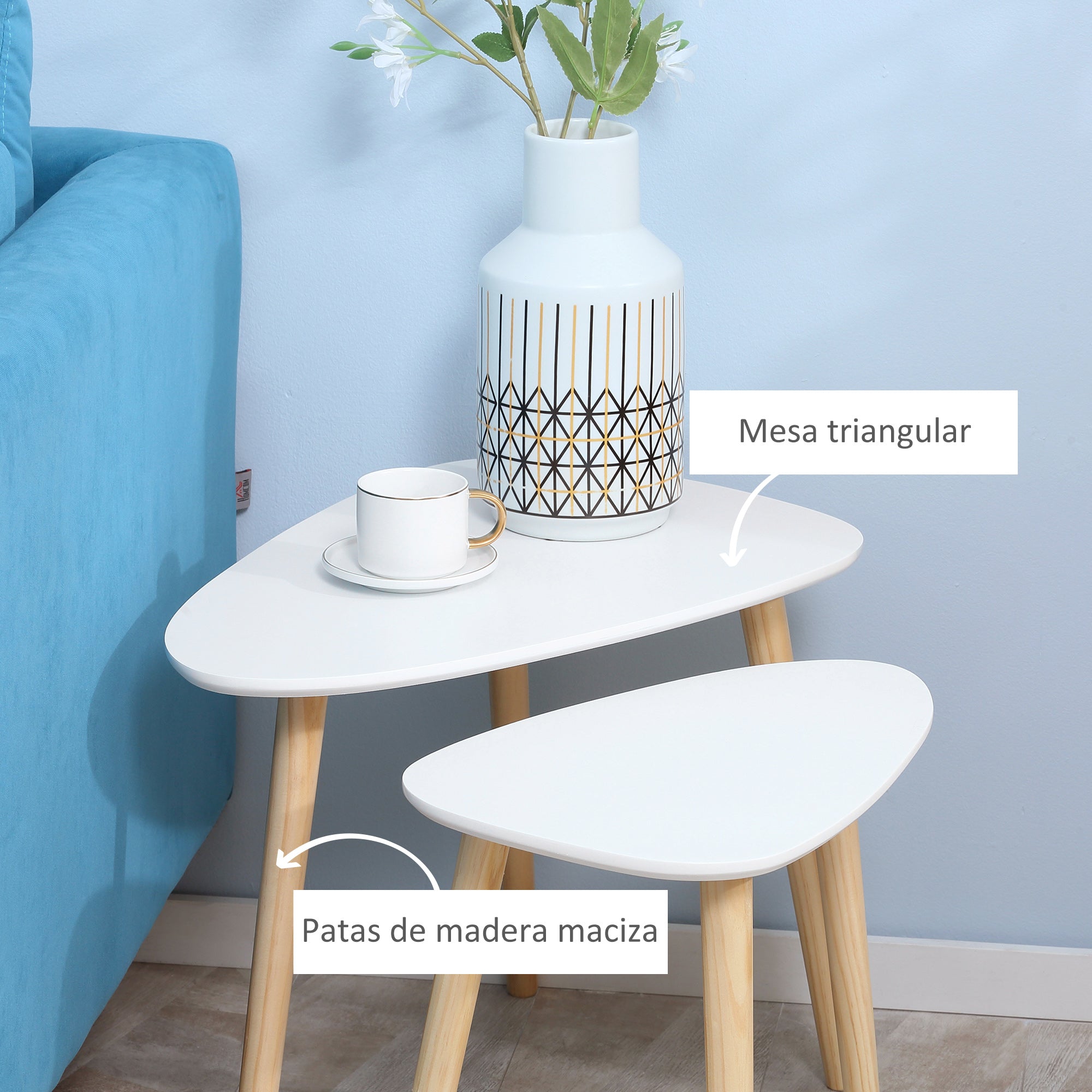 Set of 2 Side Tables with Wooden Legs Nesting Coffee Tables for Living Room Bedroom Office 59.5x39.5x45 cm and 44.5x28.5x40 cm White