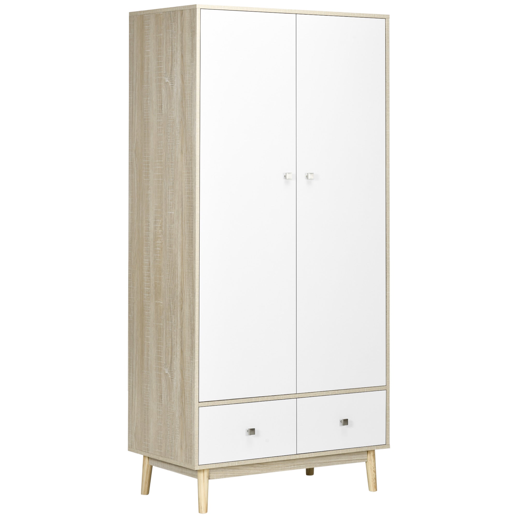 2-Door Wooden Wardrobe with 4 Compartments, 2 Drawers, and Clothing Rail, Wood and White Color, 90x50x190cm
