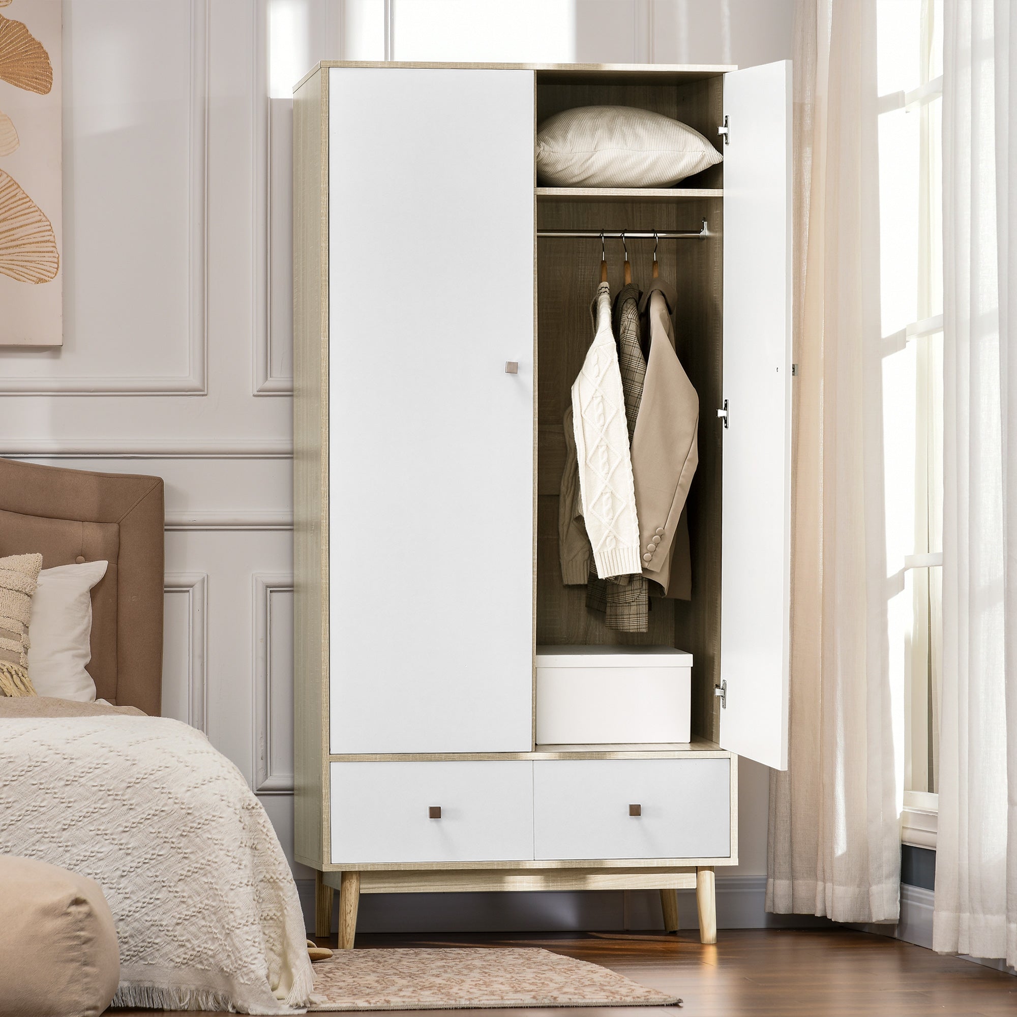 2-Door Wooden Wardrobe with 4 Compartments, 2 Drawers, and Clothing Rail, Wood and White Color, 90x50x190cm