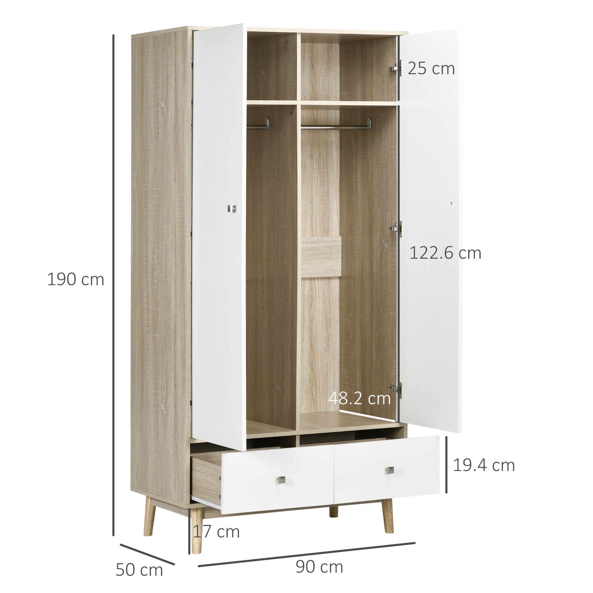 2-Door Wooden Wardrobe with 4 Compartments, 2 Drawers, and Clothing Rail, Wood and White Color, 90x50x190cm