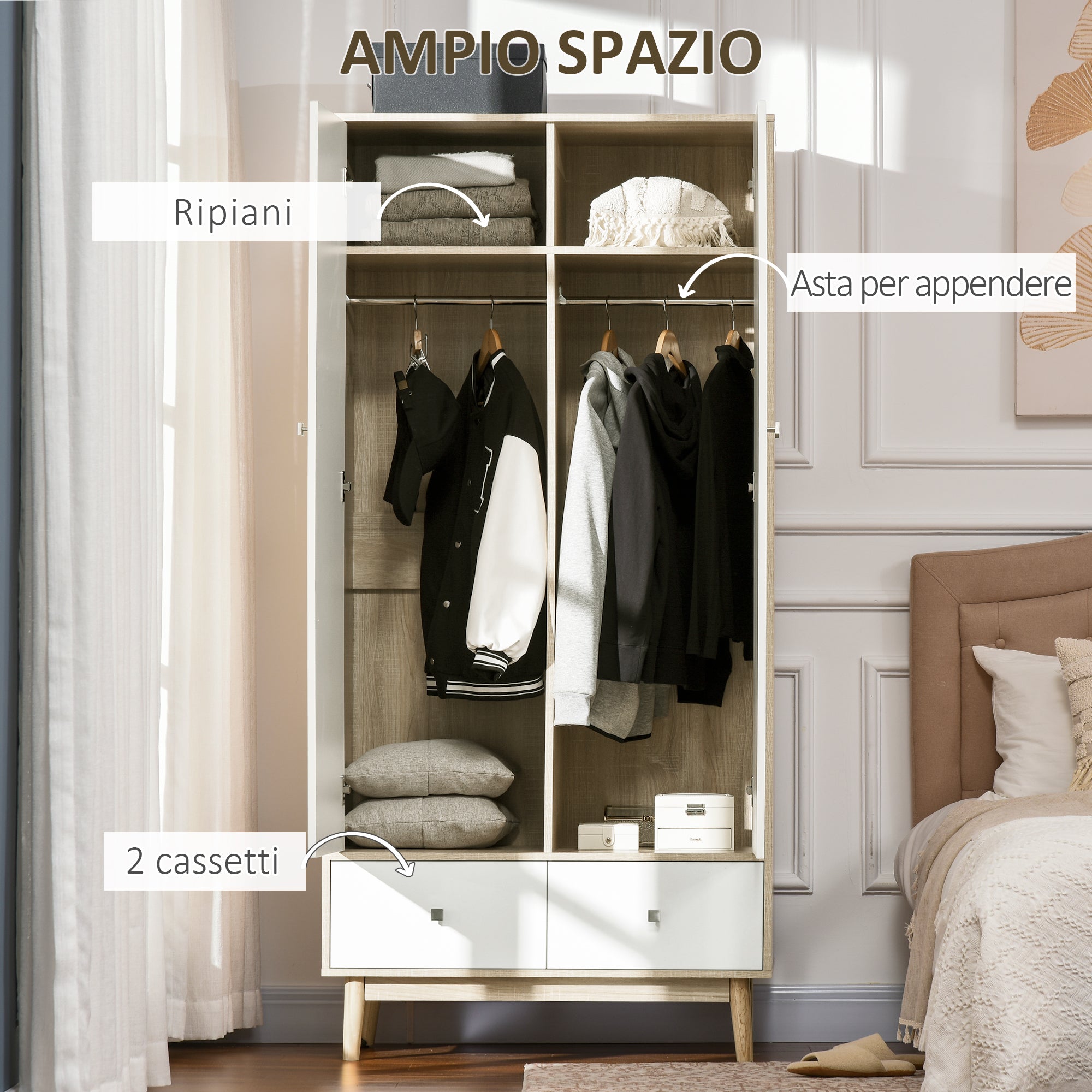 2-Door Wooden Wardrobe with 4 Compartments, 2 Drawers, and Clothing Rail, Wood and White Color, 90x50x190cm