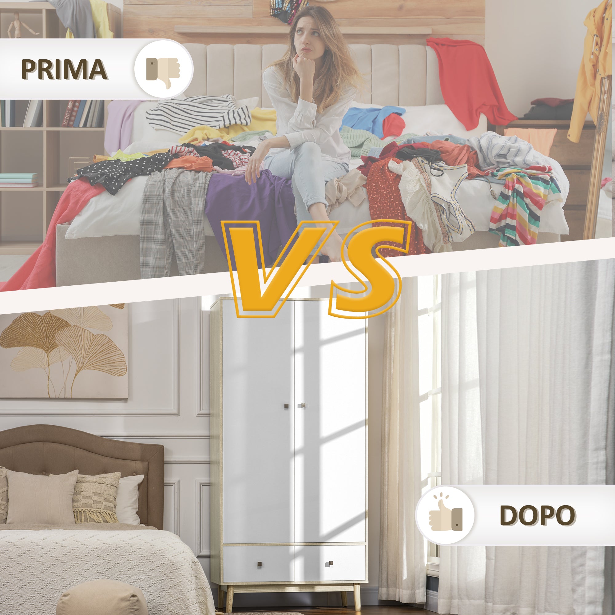 2-Door Wooden Wardrobe with 4 Compartments, 2 Drawers, and Clothing Rail, Wood and White Color, 90x50x190cm