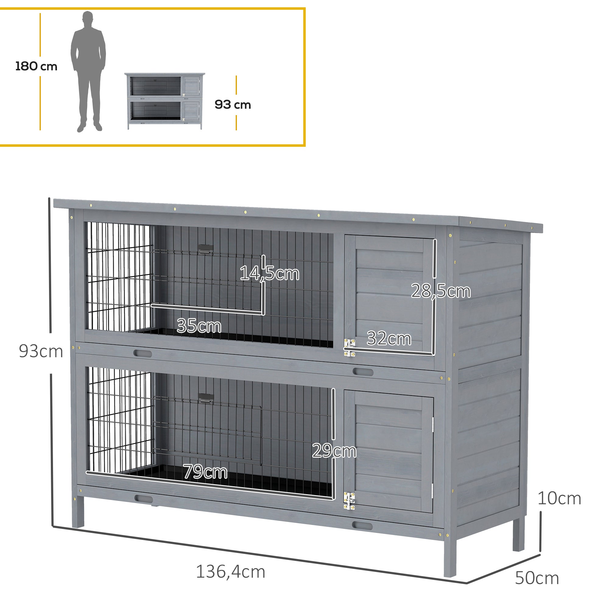 Wooden 2-Tier Rabbit Hutch with Asphalt Roof & Removable Tray, 136.4 x 50 x 93 cm (53.7 x 19.7 x 36.6 in) — Weatherproof Indoor/Outdoor Small Animal Cage, Gray