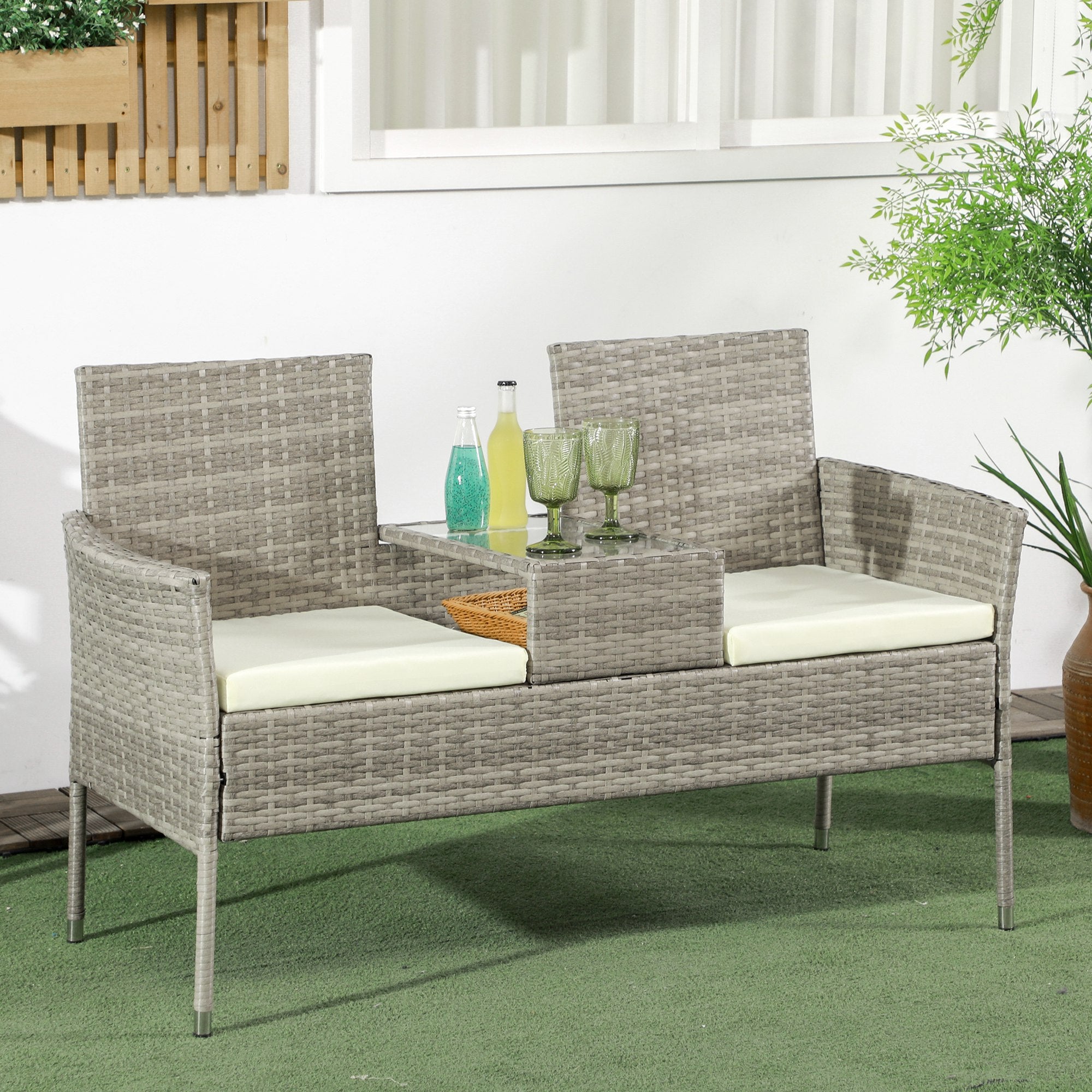 Outdoor Bench 2 Seater with Central Coffee Table, Garden Sofa in Steel, PE Rattan and Polyester, 137x59x82 cm, Grey and Cream